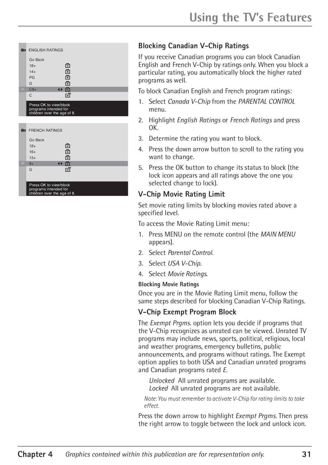 RCA 24F610TD manual Blocking Canadian V-Chip Ratings, Chip Movie Rating Limit, Chip Exempt Program Block 