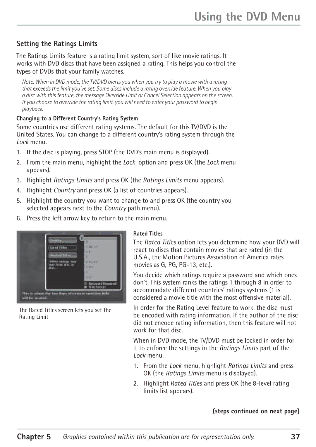 RCA 24F610TD manual Setting the Ratings Limits, Steps on next 