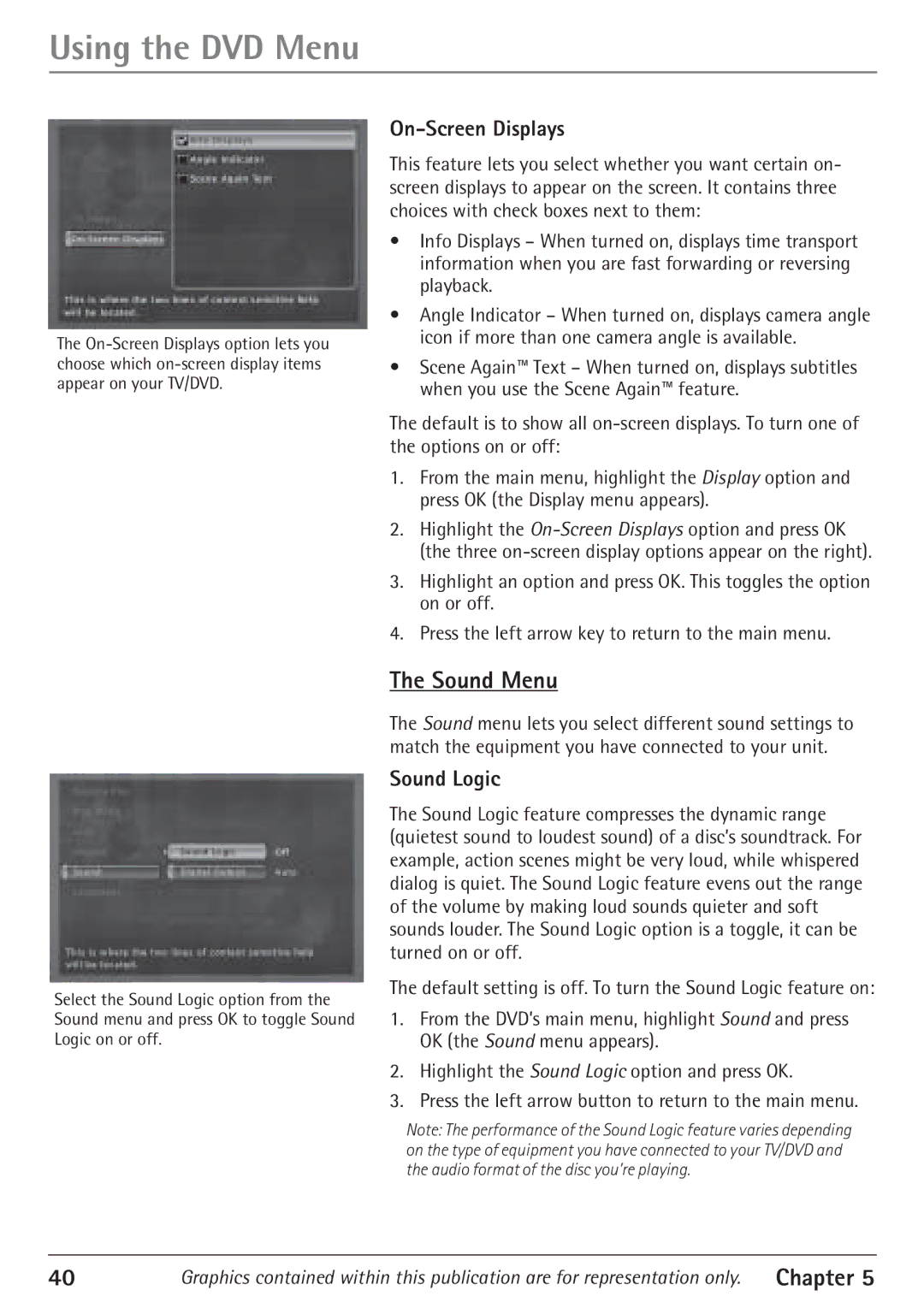 RCA 24F610TD manual Sound Menu, On-Screen Displays, Sound Logic 