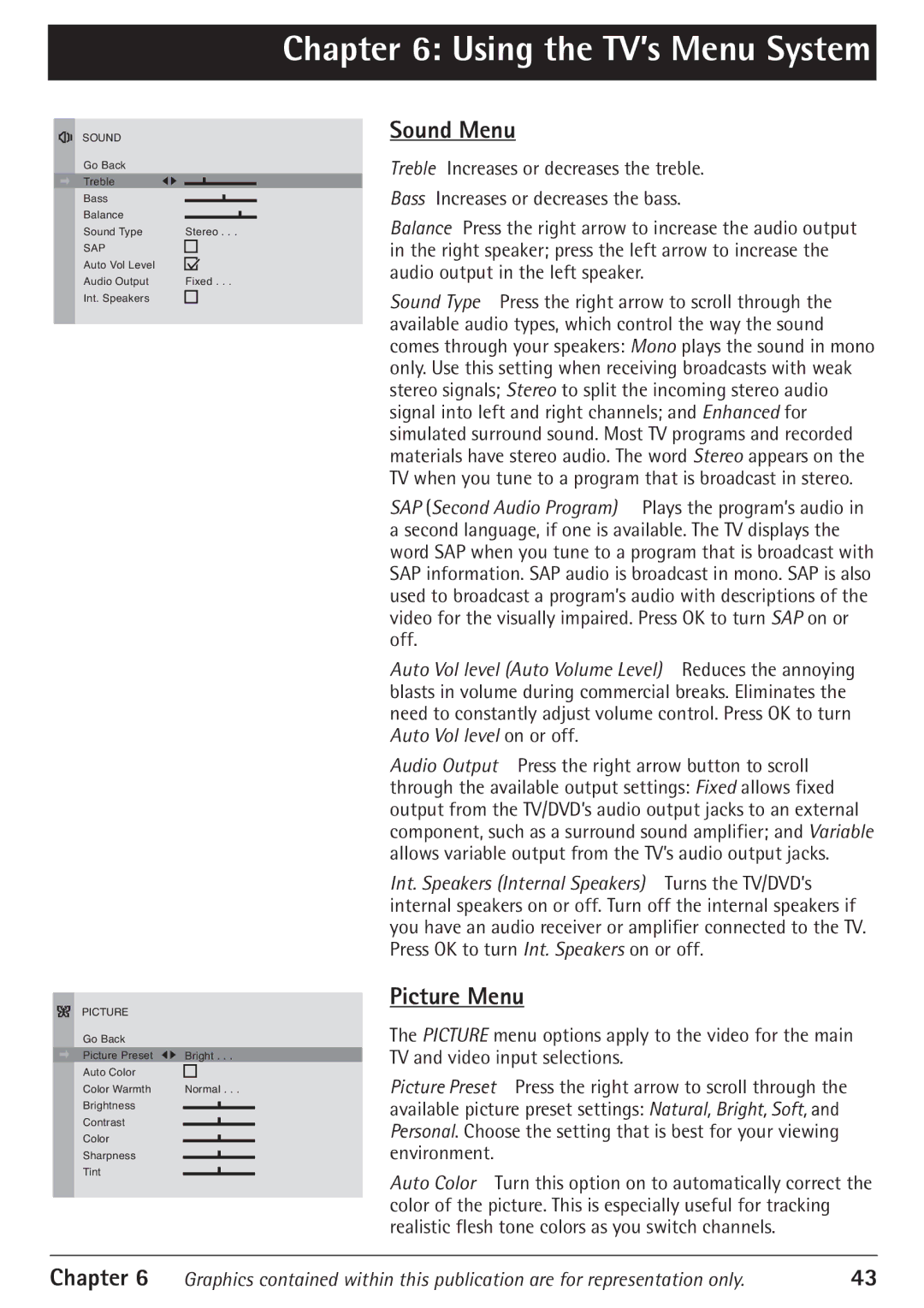 RCA 24F610TD manual Using the TV’s Menu System, Picture Menu 