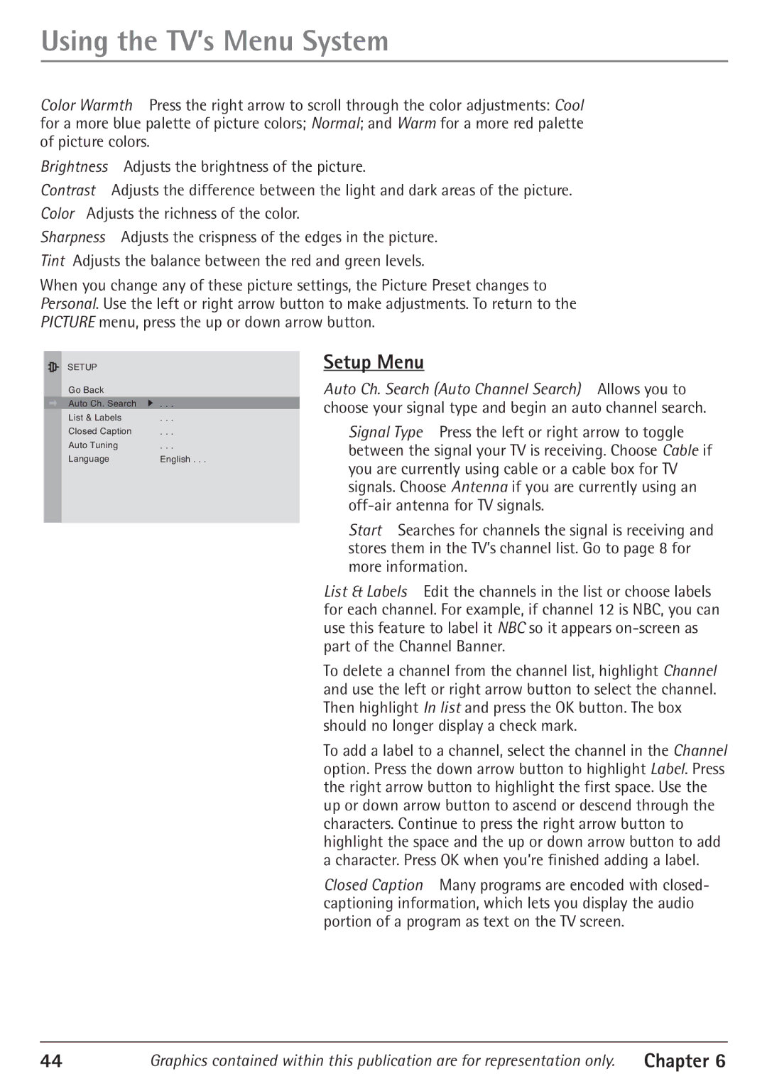 RCA 24F610TD manual Using the TV’s Menu System, Setup Menu 