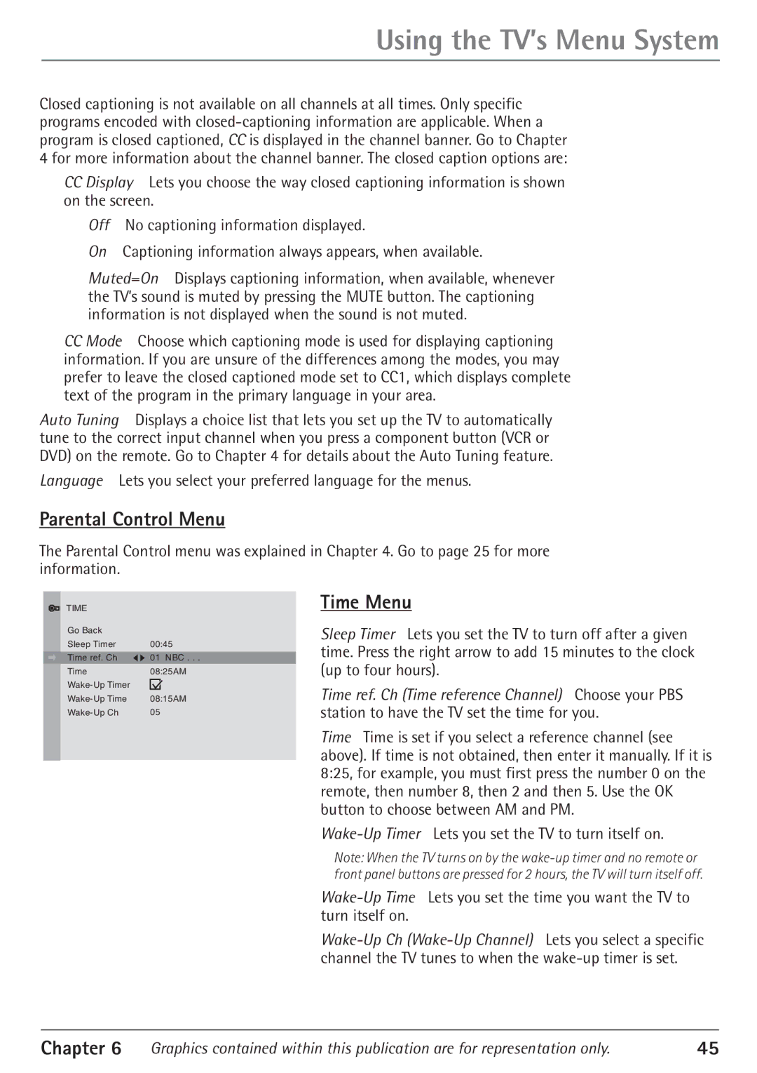 RCA 24F610TD manual Parental Control Menu, Time Menu 