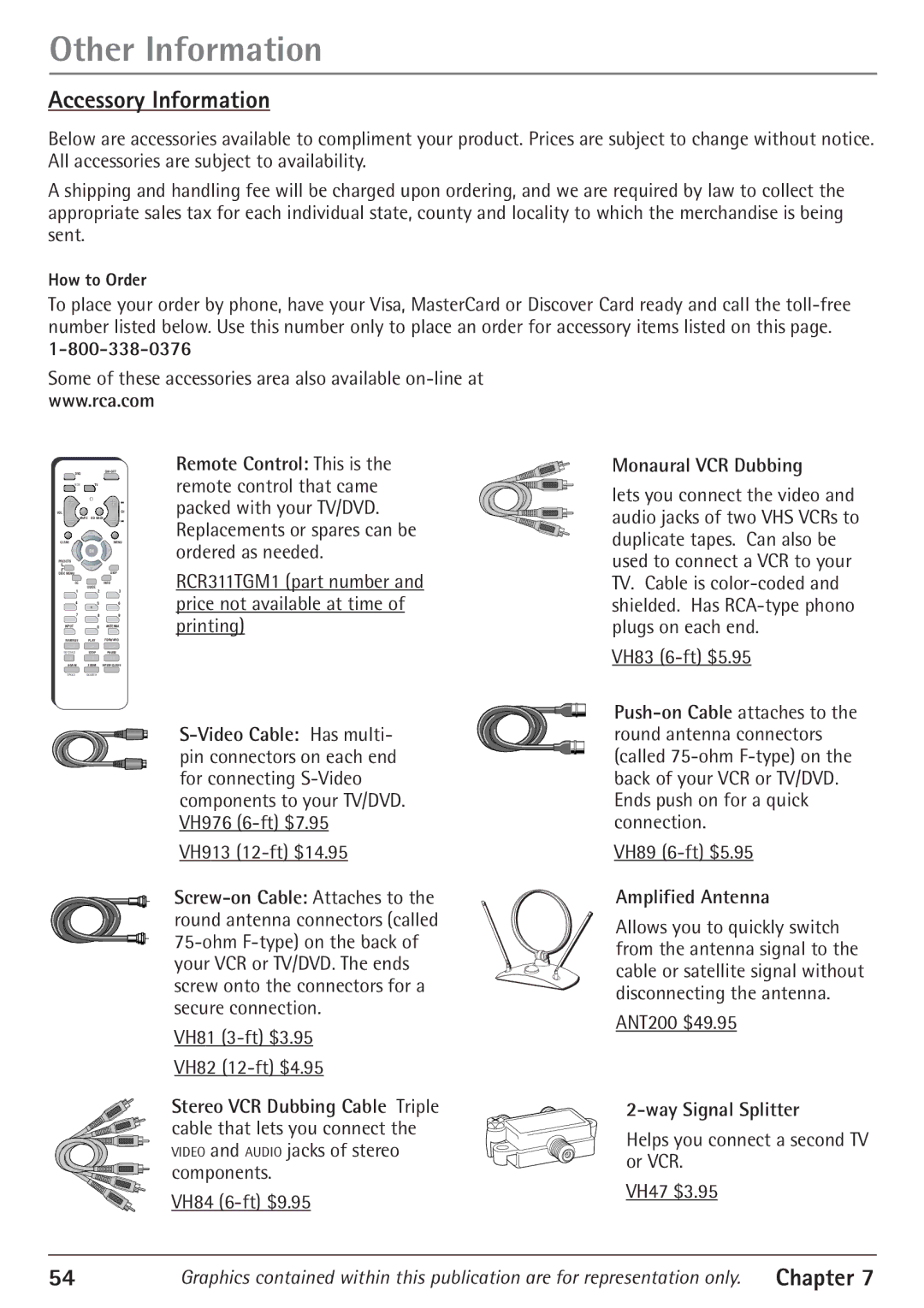 RCA 24F610TD Accessory Information, Remote Control This is Monaural VCR Dubbing, Amplified Antenna, Way Signal Splitter 