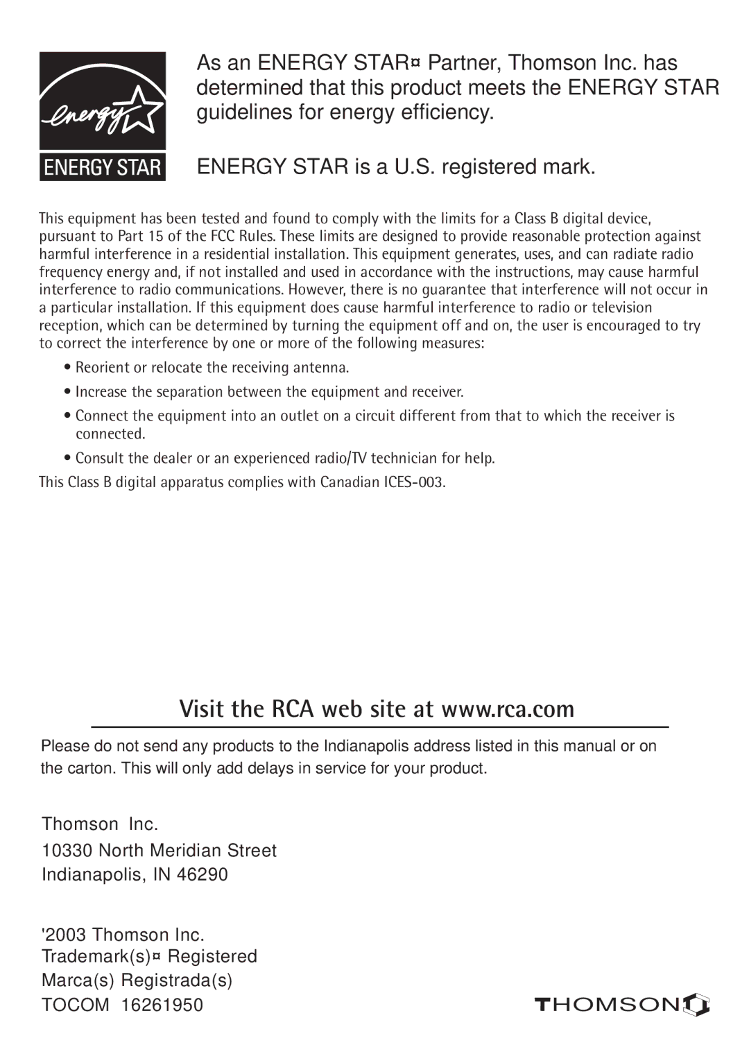 RCA 24F610TD manual North Meridian Street Indianapolis, Tocom 