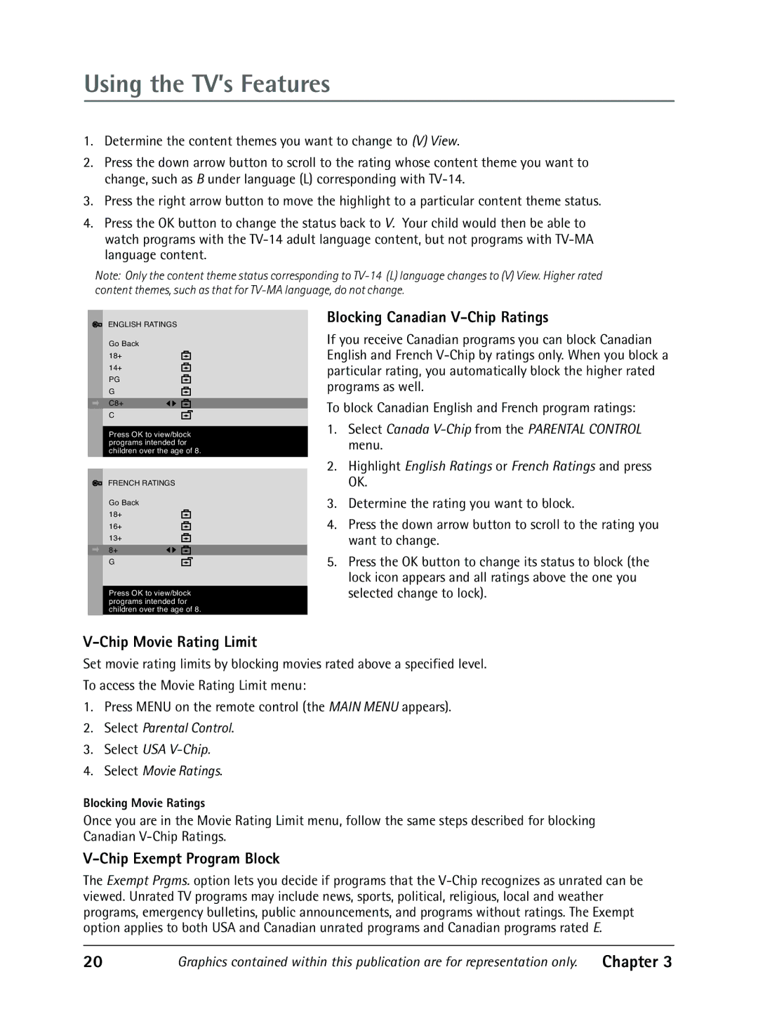RCA 24F650T Blocking Canadian V-Chip Ratings, Chip Movie Rating Limit, Chip Exempt Program Block, Blocking Movie Ratings 
