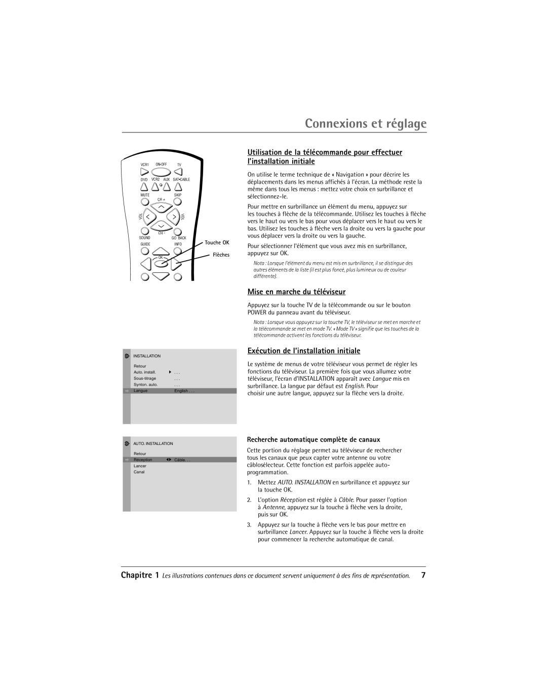 RCA 24F650T Mise en marche du téléviseur, Exécution de l’installation initiale, Recherche automatique complète de canaux 