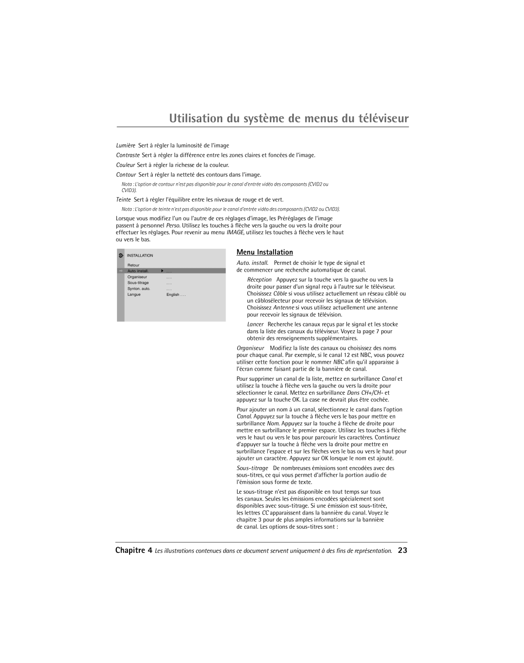 RCA 24F650T manual Utilisation du système de menus du téléviseur, Menu Installation 