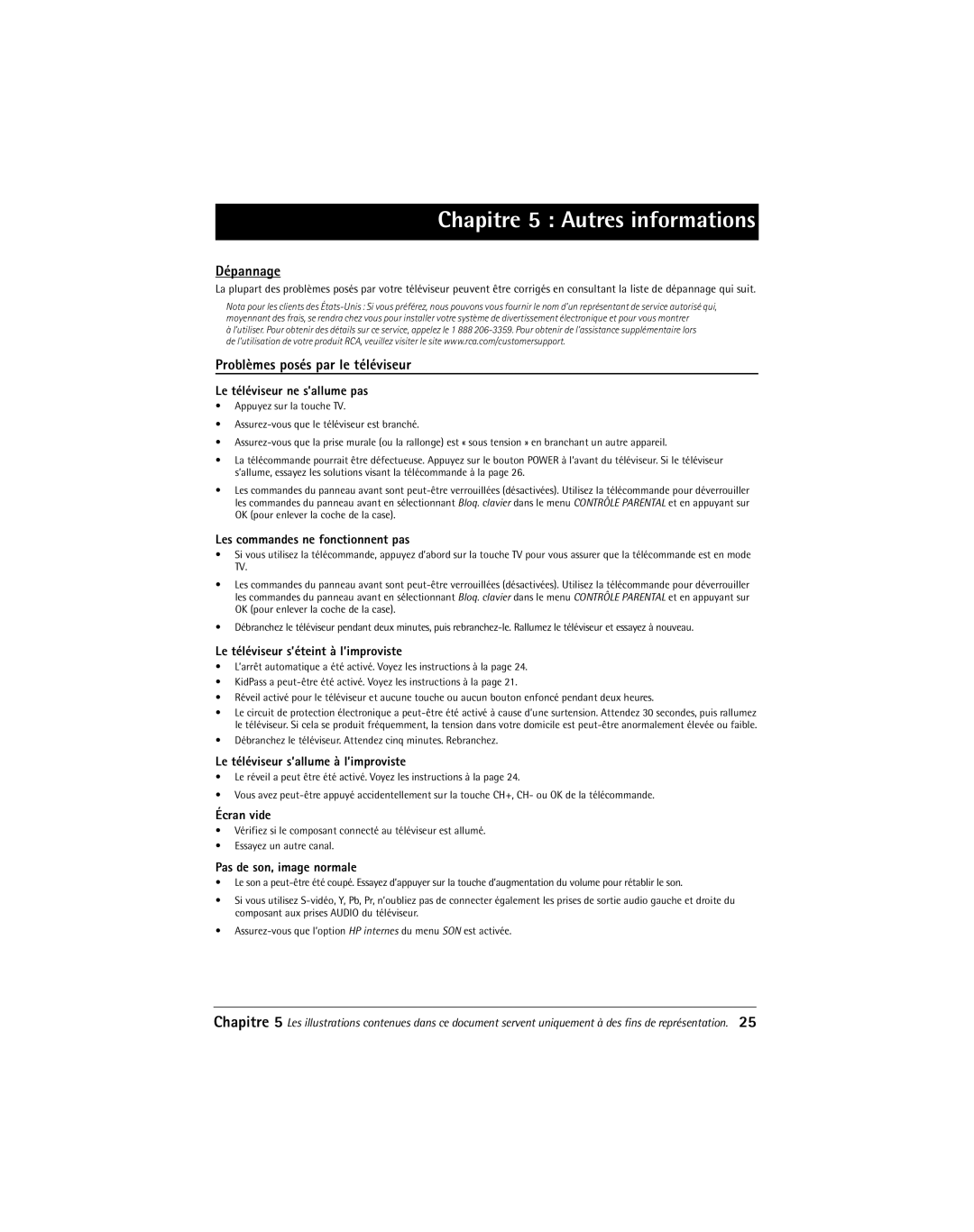 RCA 24F650T manual Chapitre 5 Autres informations, Dépannage, Problèmes posés par le téléviseur 