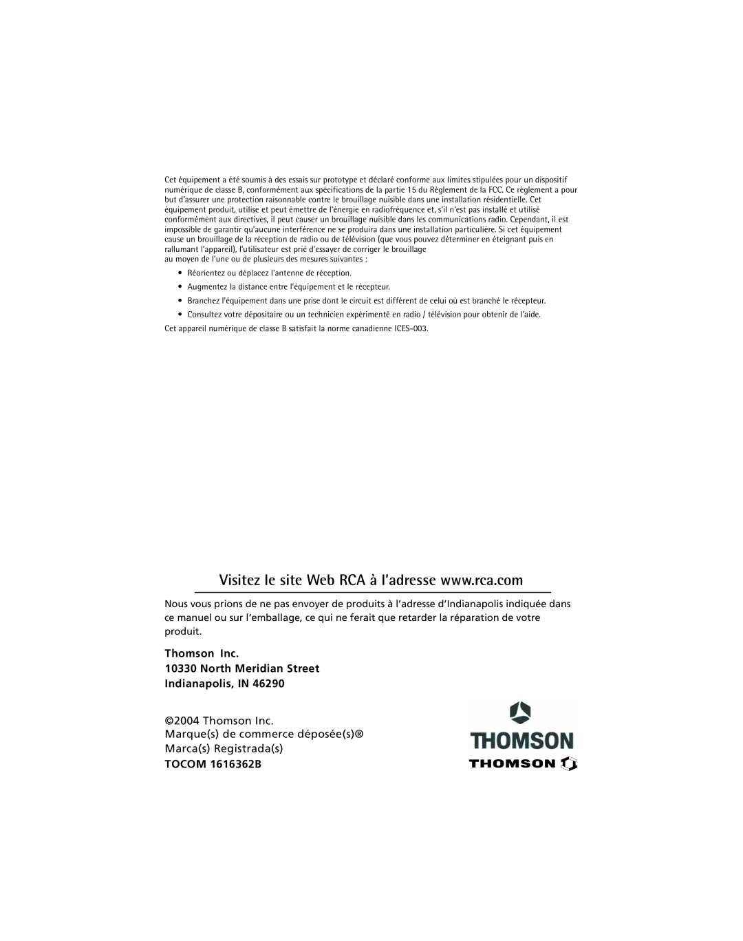 RCA 24F650T manual Thomson Inc Marques de commerce déposées Marcas Registradas 