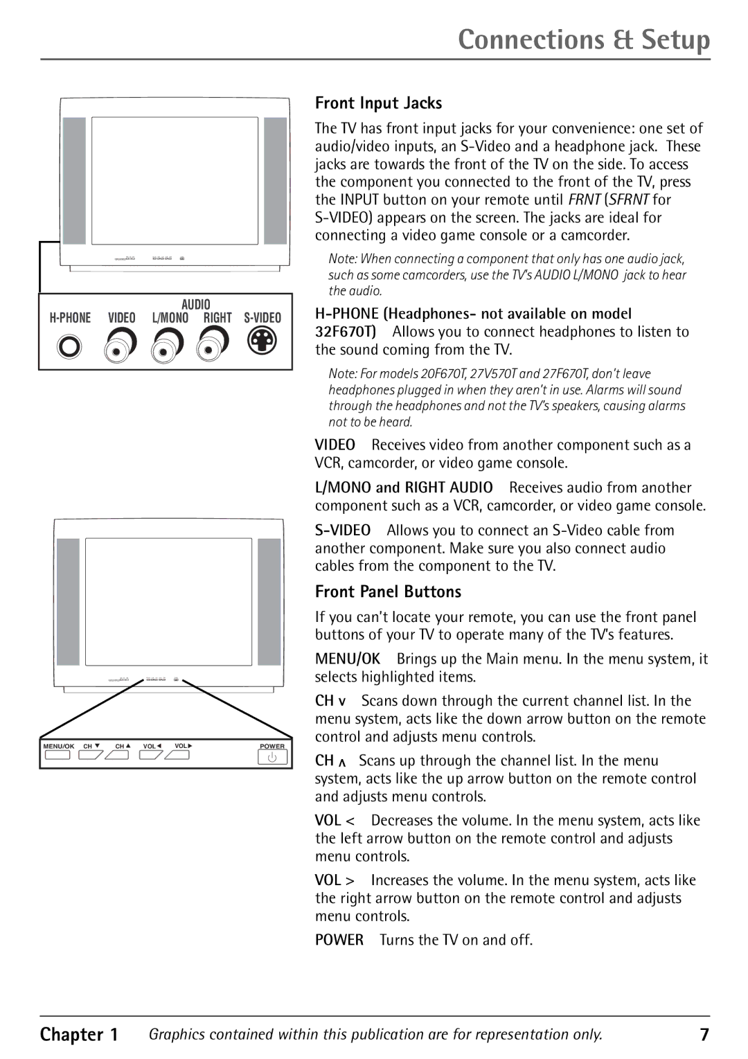 RCA 27V570T, 24F670T, 27F670T, 32F670T manual Front Input Jacks, Front Panel Buttons 