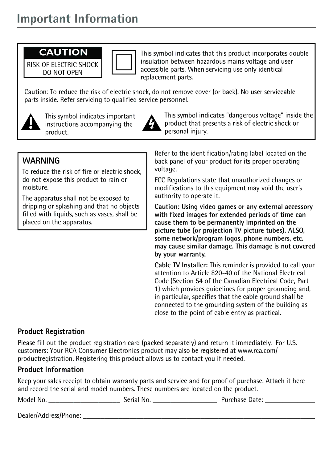 RCA 32F670T, 24F670T, 27F670T, 27V570T manual Product Registration, Product Information 