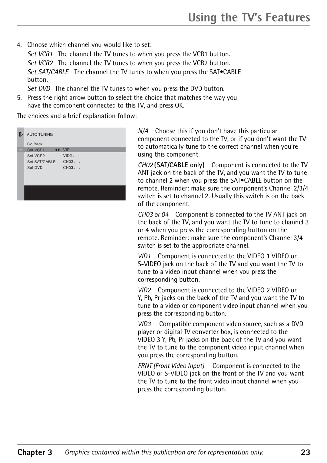 RCA 27V570T, 24F670T, 27F670T, 32F670T manual Choices and a brief explanation follow 