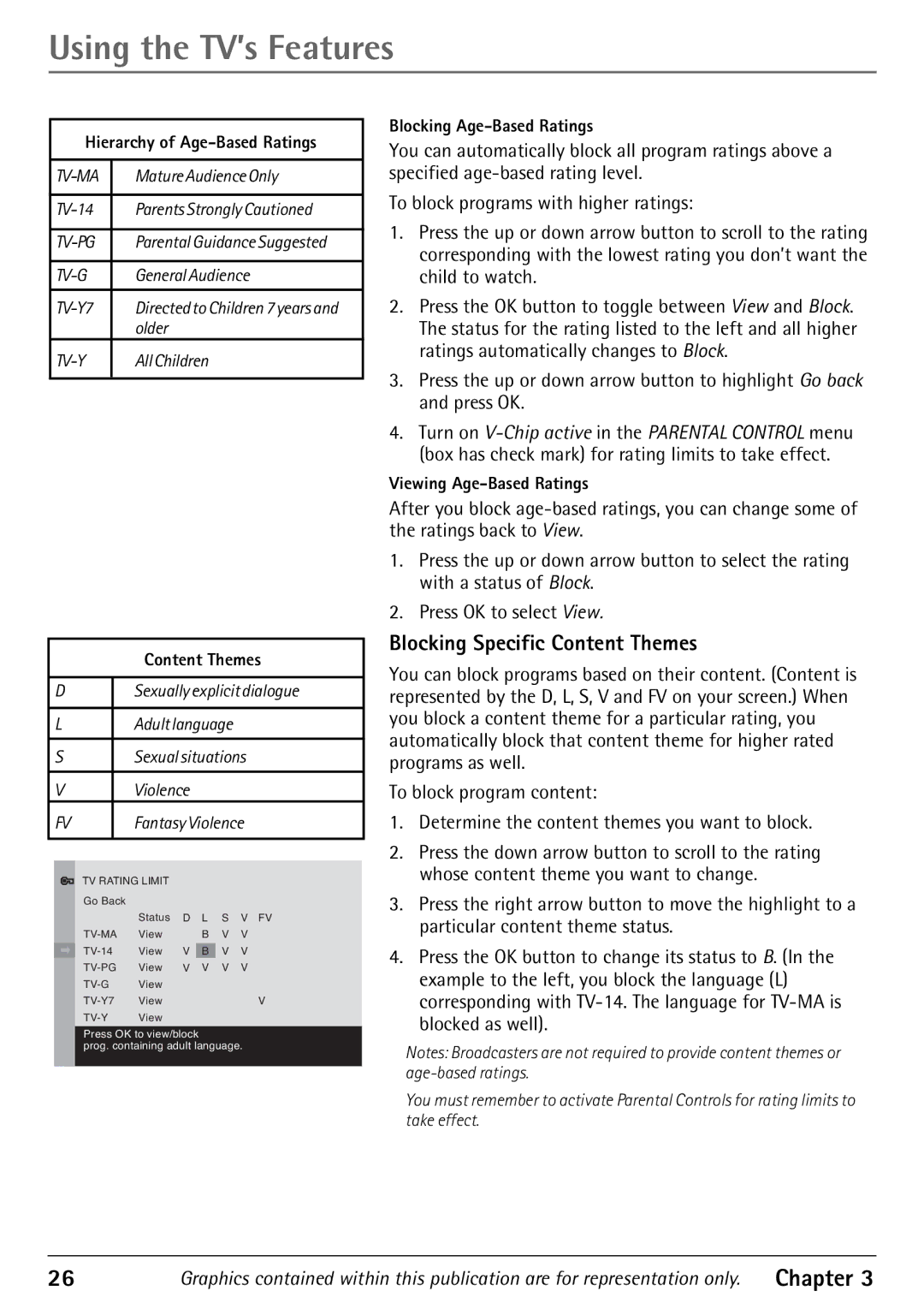 RCA 32F670T, 24F670T, 27F670T Blocking Specific Content Themes, Hierarchy of Age-Based Ratings, Blocking Age-Based Ratings 