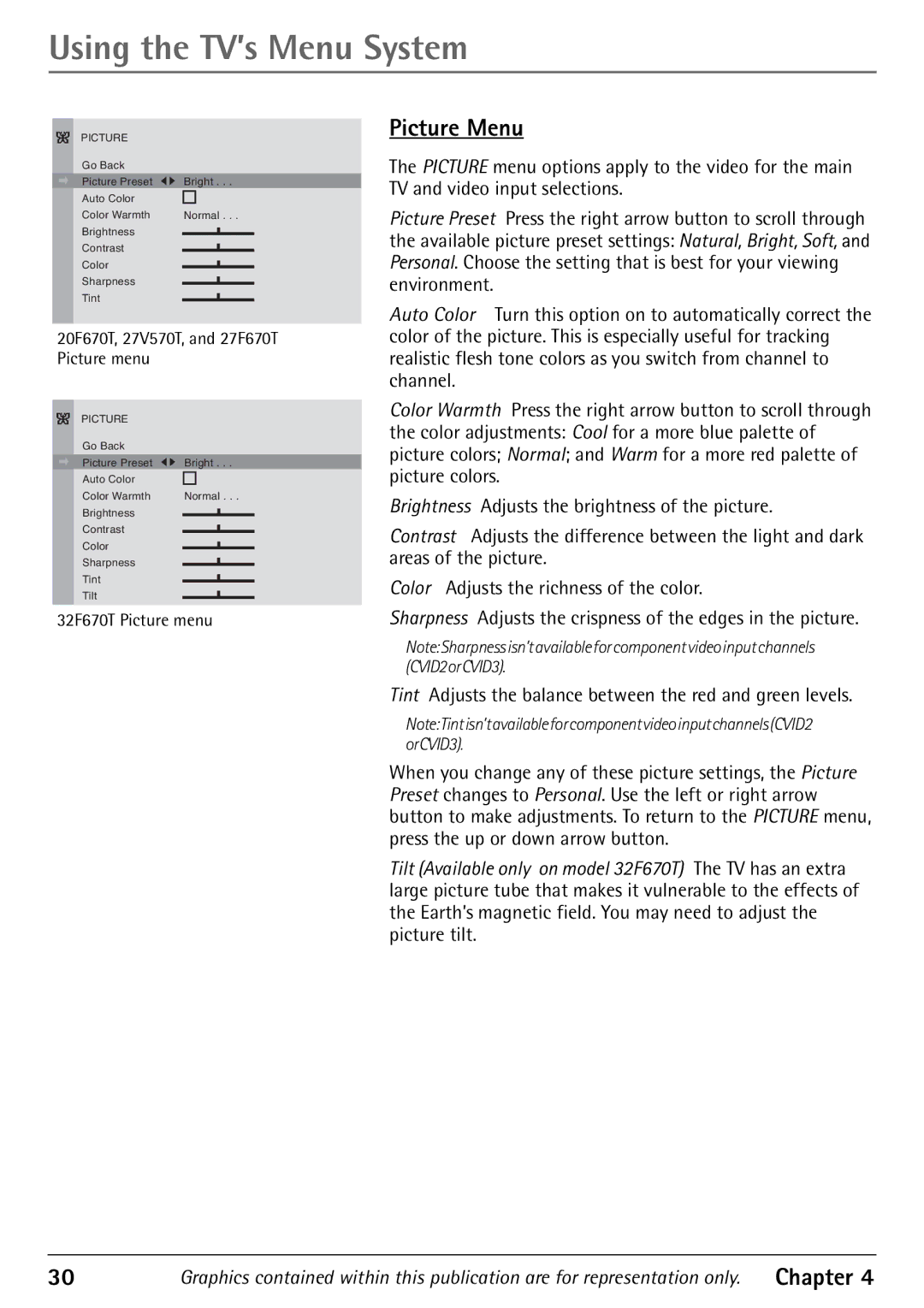 RCA 32F670T, 24F670T, 27F670T, 27V570T manual Using the TV’s Menu System, Picture Menu 