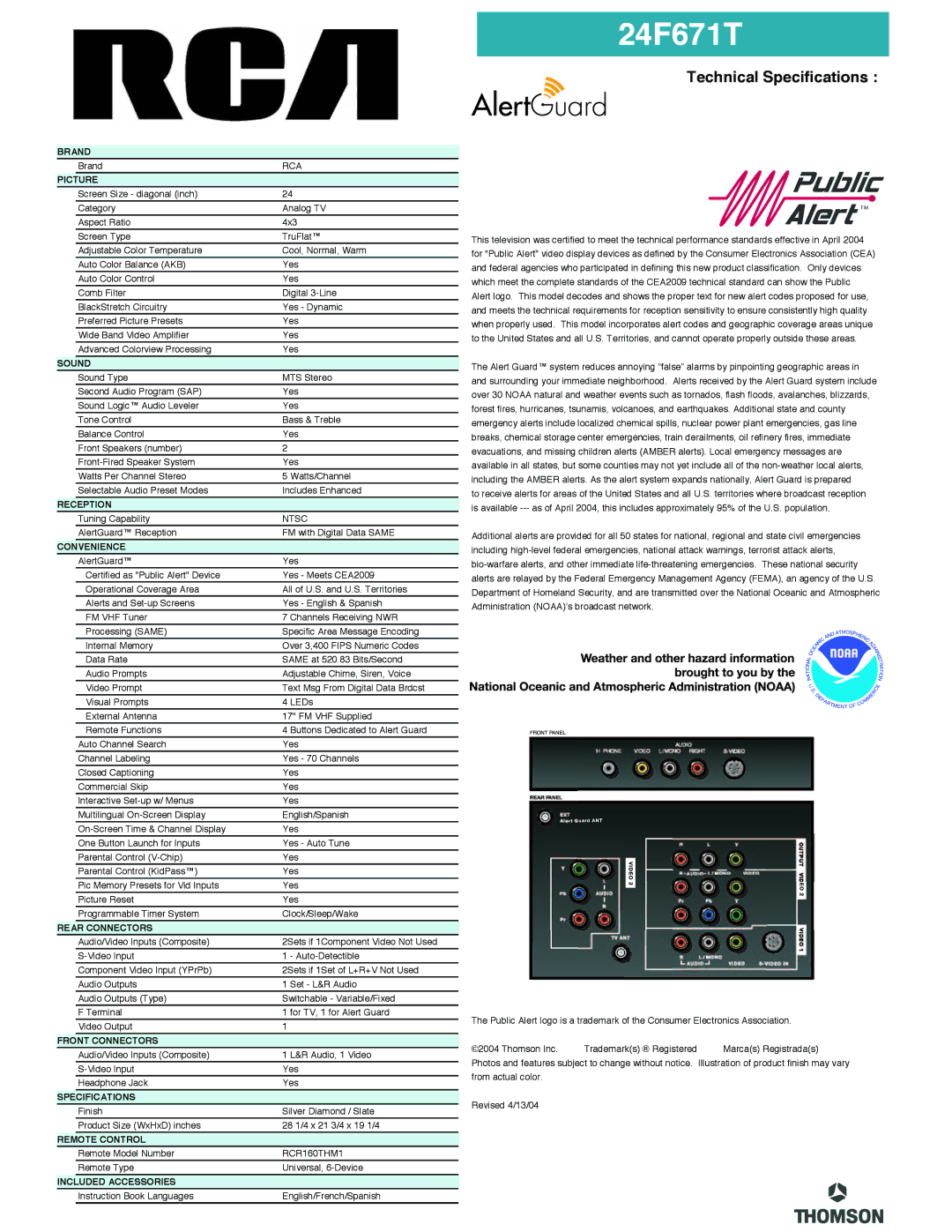 RCA 24F671T manual Technical Specifications 