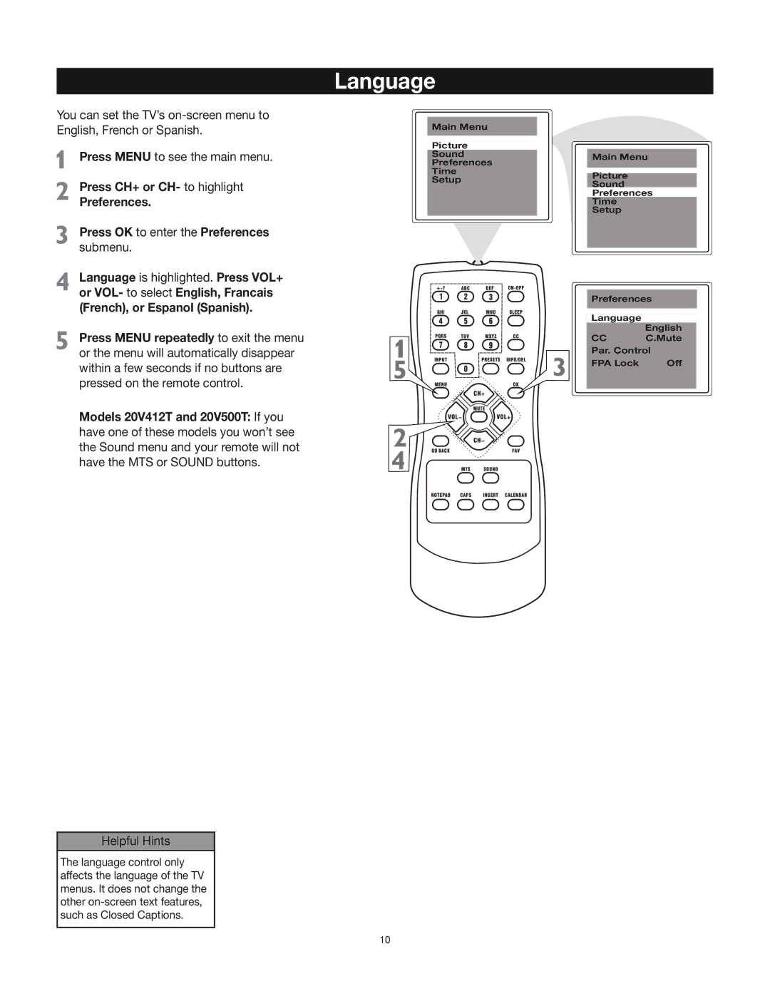 RCA 24V412T manual Language, Press CH+ or CH- to highlight Preferences 