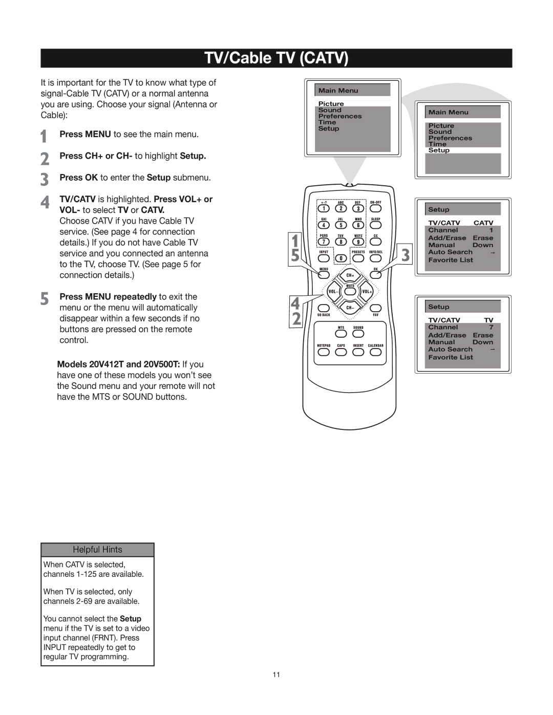 RCA 24V412T manual TV/Cable TV Catv, Press CH+ or CH- to highlight Setup 