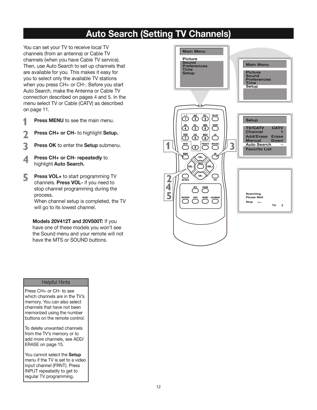 RCA 24V412T manual Auto Search Setting TV Channels, Press CH+ or CH- repeatedly to highlight Auto Search 