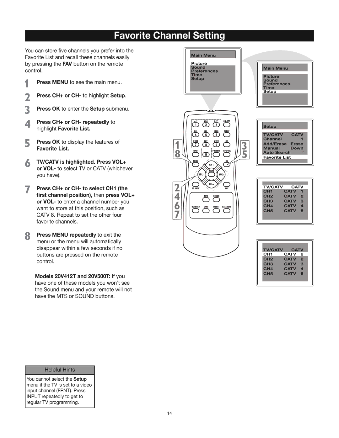 RCA 24V412T manual Favorite Channel Setting, Press CH+ or CH- repeatedly to highlight Favorite List 