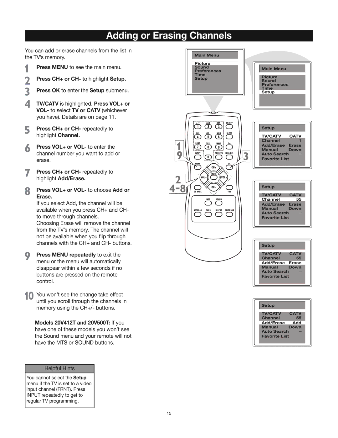 RCA 24V412T manual Adding or Erasing Channels 