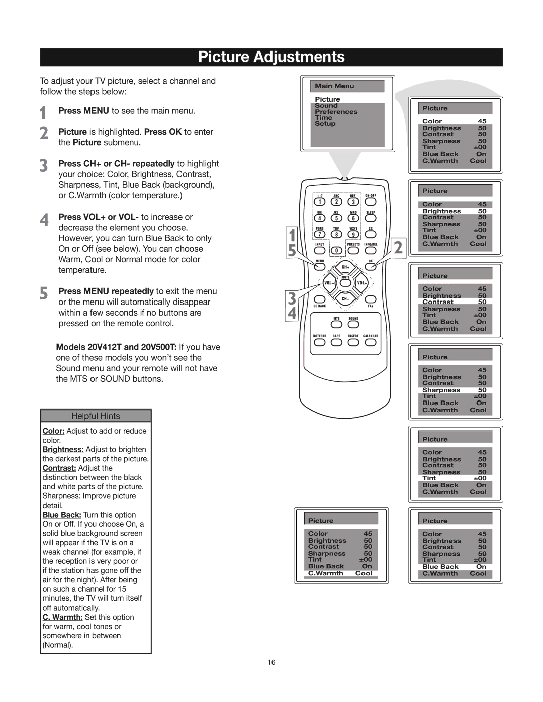 RCA 24V412T manual Picture Adjustments 