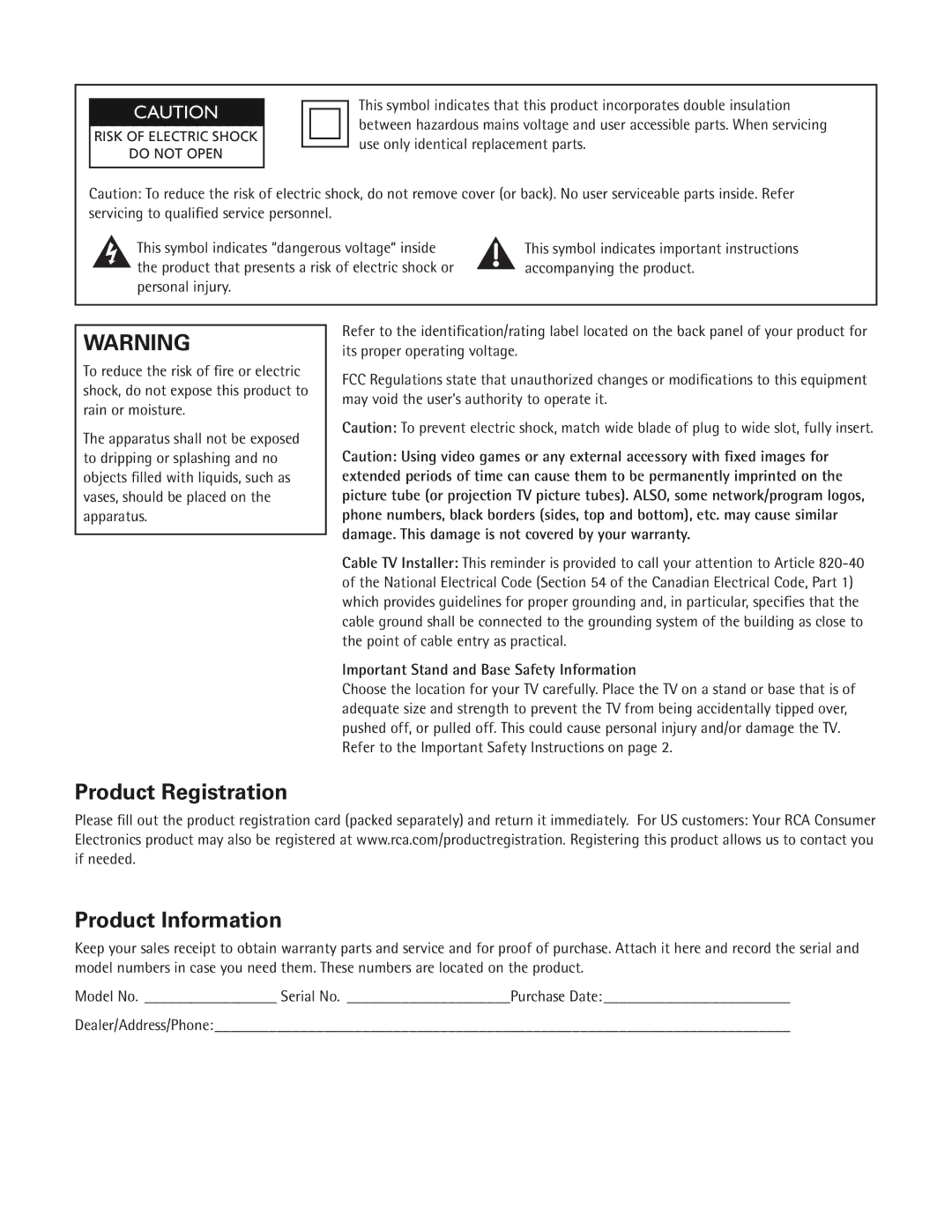 RCA 24V412T manual Product Registration, Important Stand and Base Safety Information 