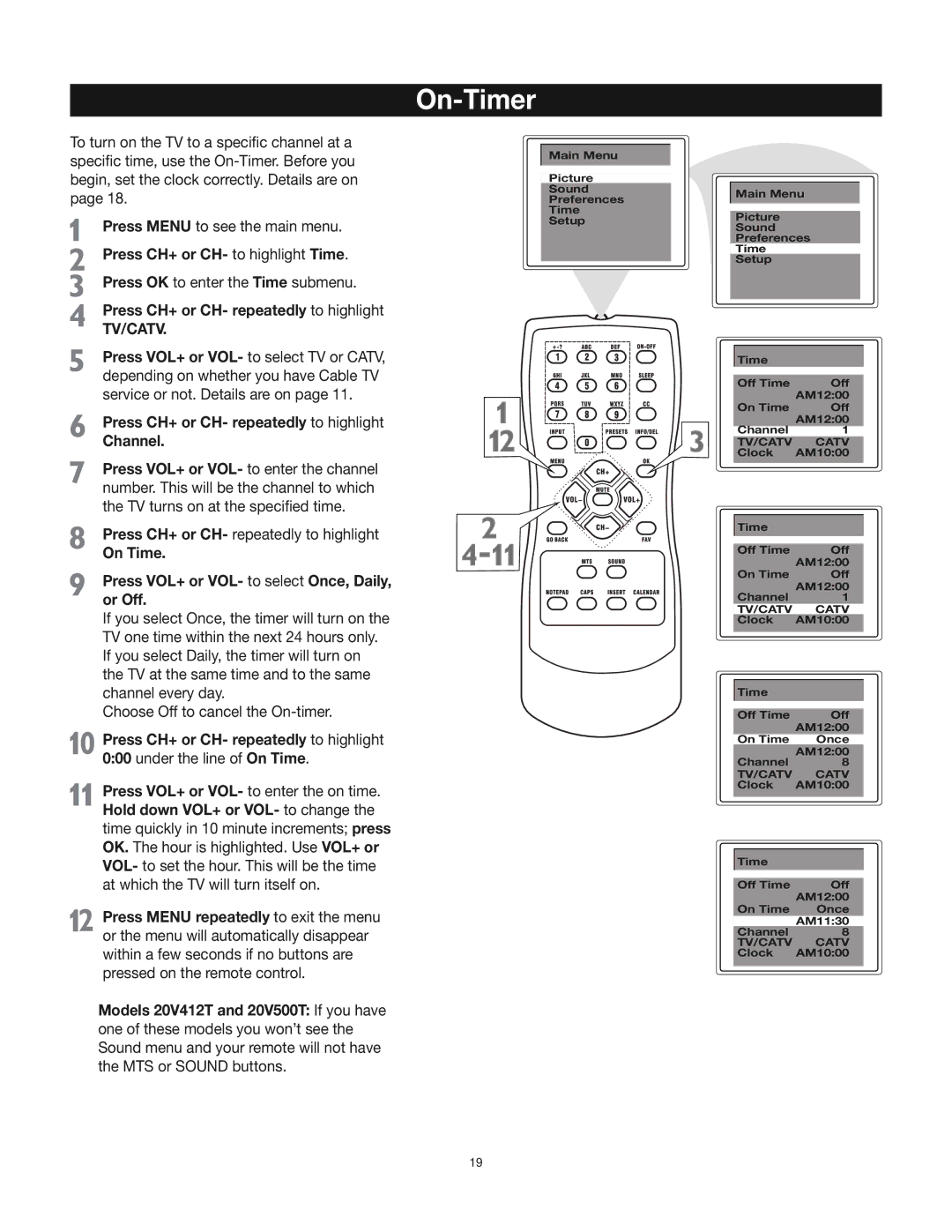 RCA 24V412T manual On-Timer, Press CH+ or CH- to highlight Time, Press CH+ or CH- repeatedly to highlight 