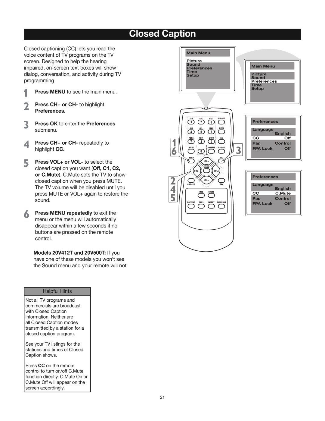 RCA 24V412T manual Closed Caption, Press CH+ or CH- to highlight Preferences 