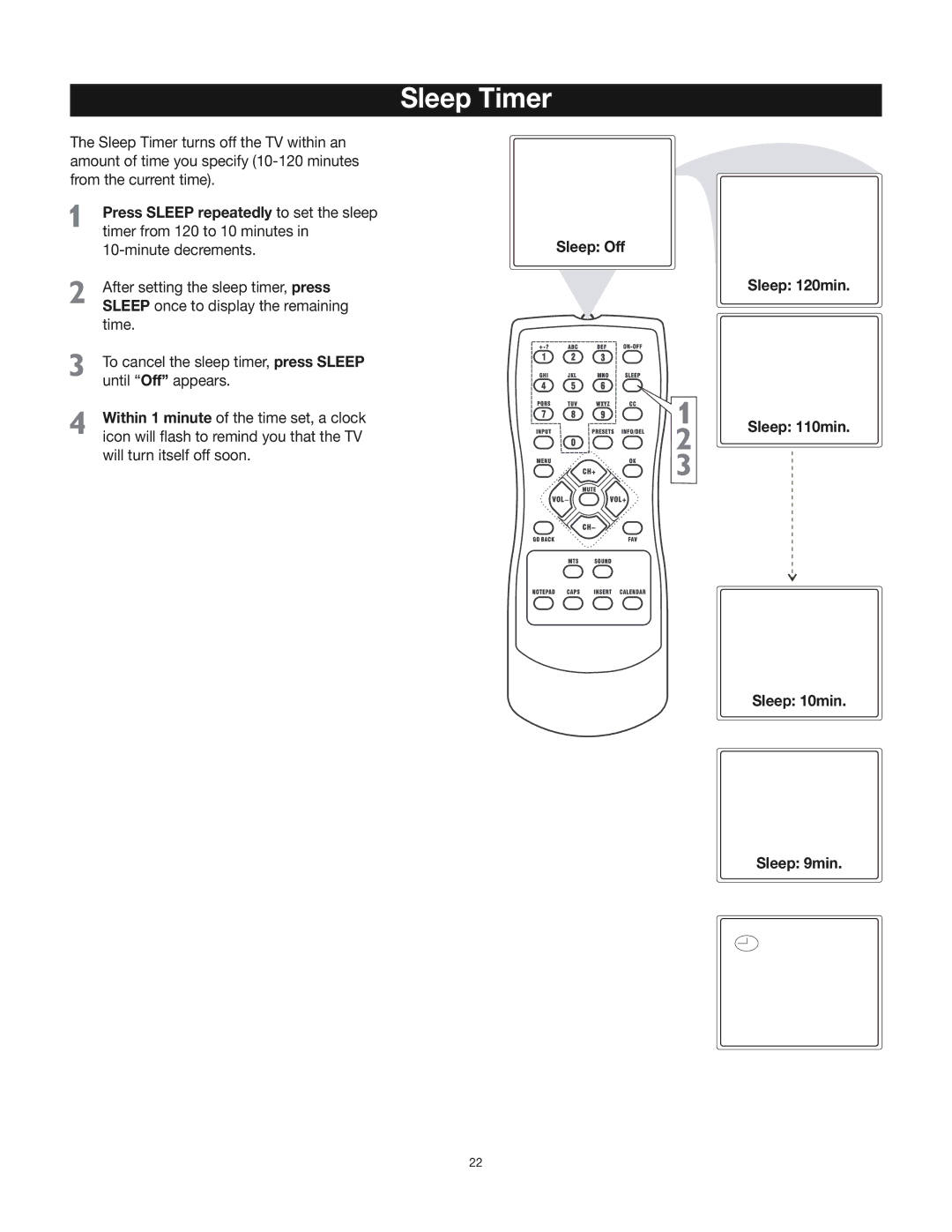 RCA 24V412T manual Sleep Timer, Sleep Off Sleep 120min Sleep 110min Sleep 10min Sleep 9min 