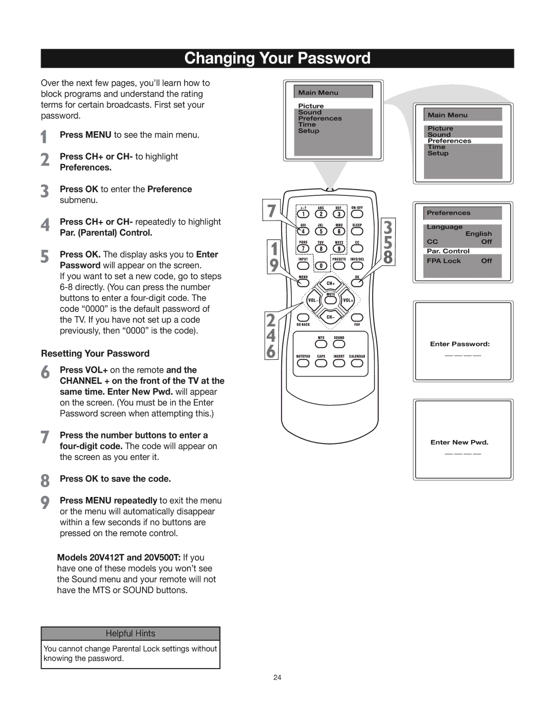 RCA 24V412T manual Changing Your Password, Par. Parental Control, Press VOL+ on the remote 