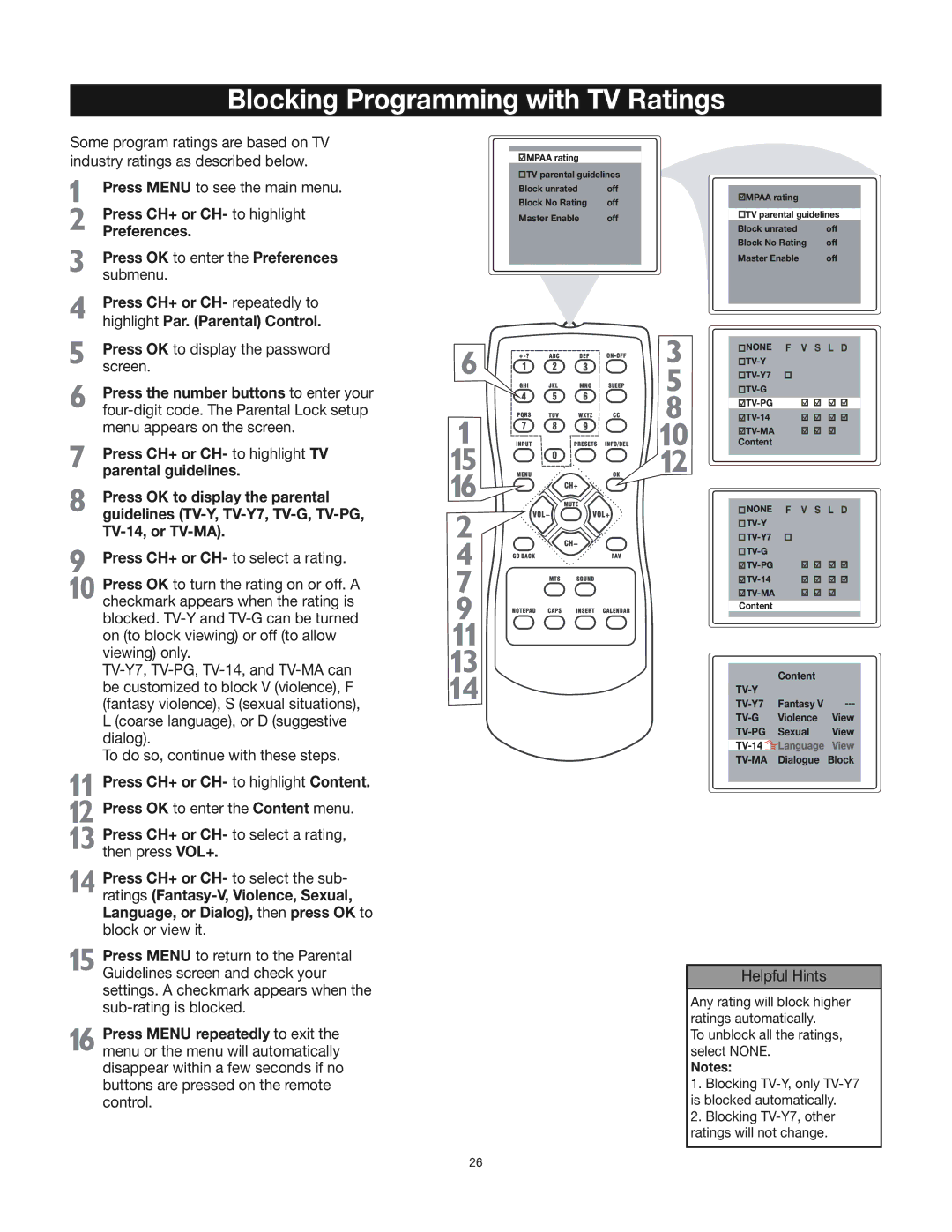 RCA 24V412T manual Blocking Programming with TV Ratings, Press CH+ or CH- to highlight Content 