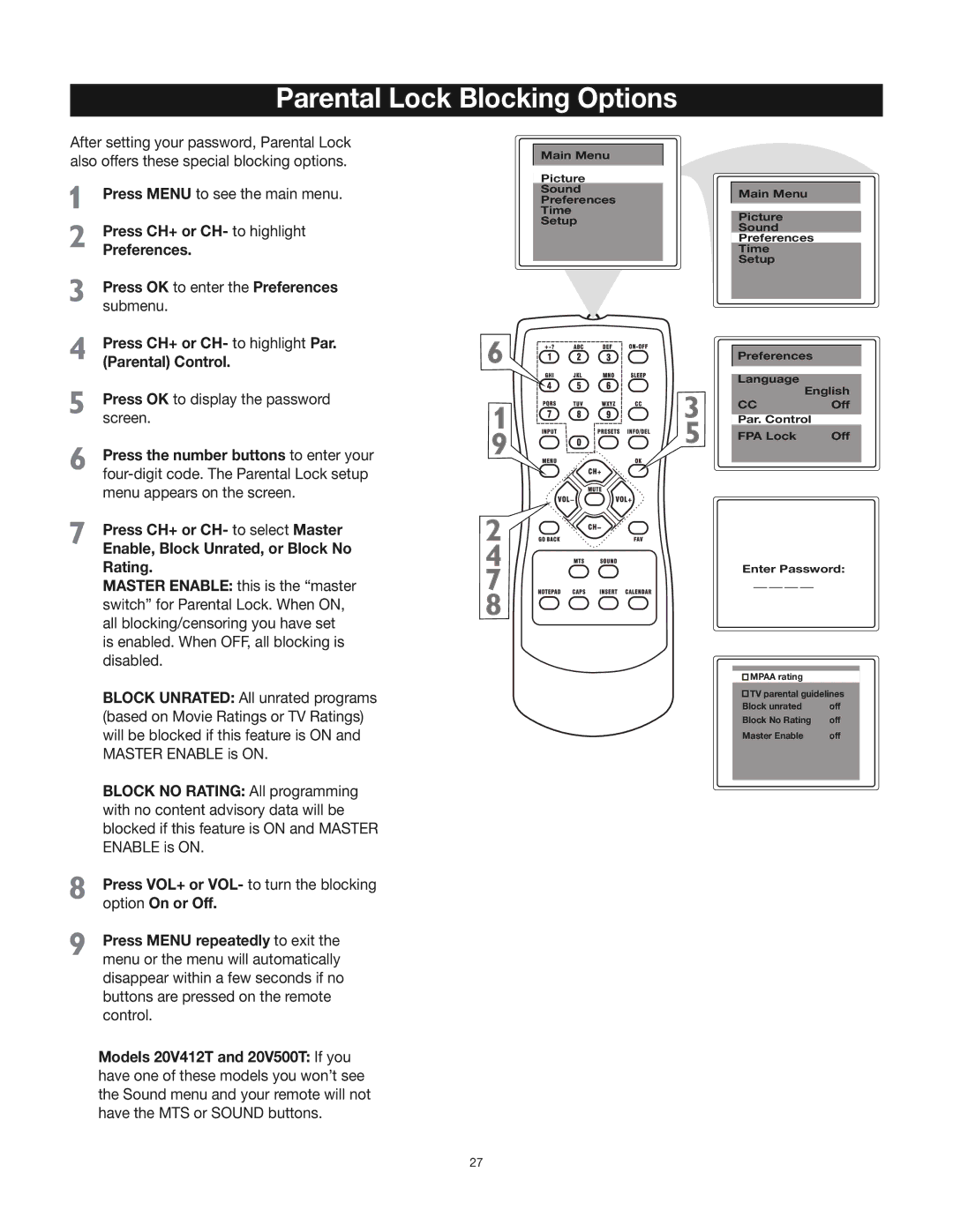 RCA 24V412T manual Parental Lock Blocking Options, Press CH+ or CH- to highlight Par. Parental Control 