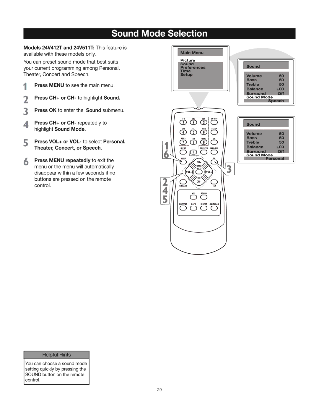 RCA 24V412T manual Sound Mode Selection, Press CH+ or CH- to highlight Sound 