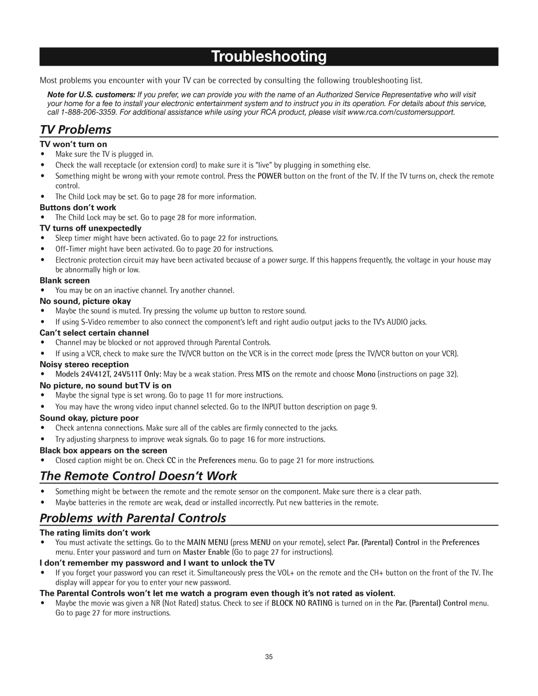 RCA 24V412T manual Troubleshooting 