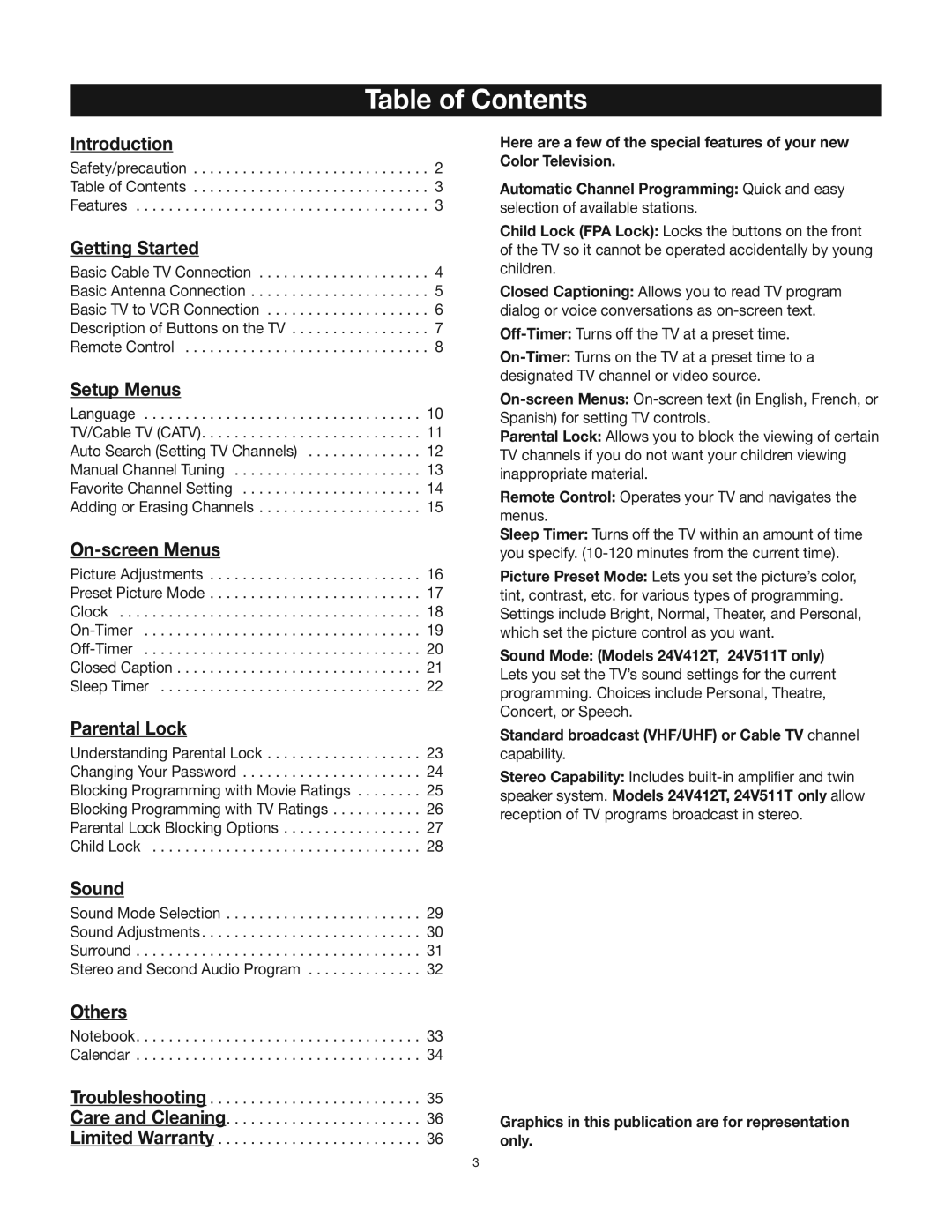 RCA 24V412T manual Table of Contents 