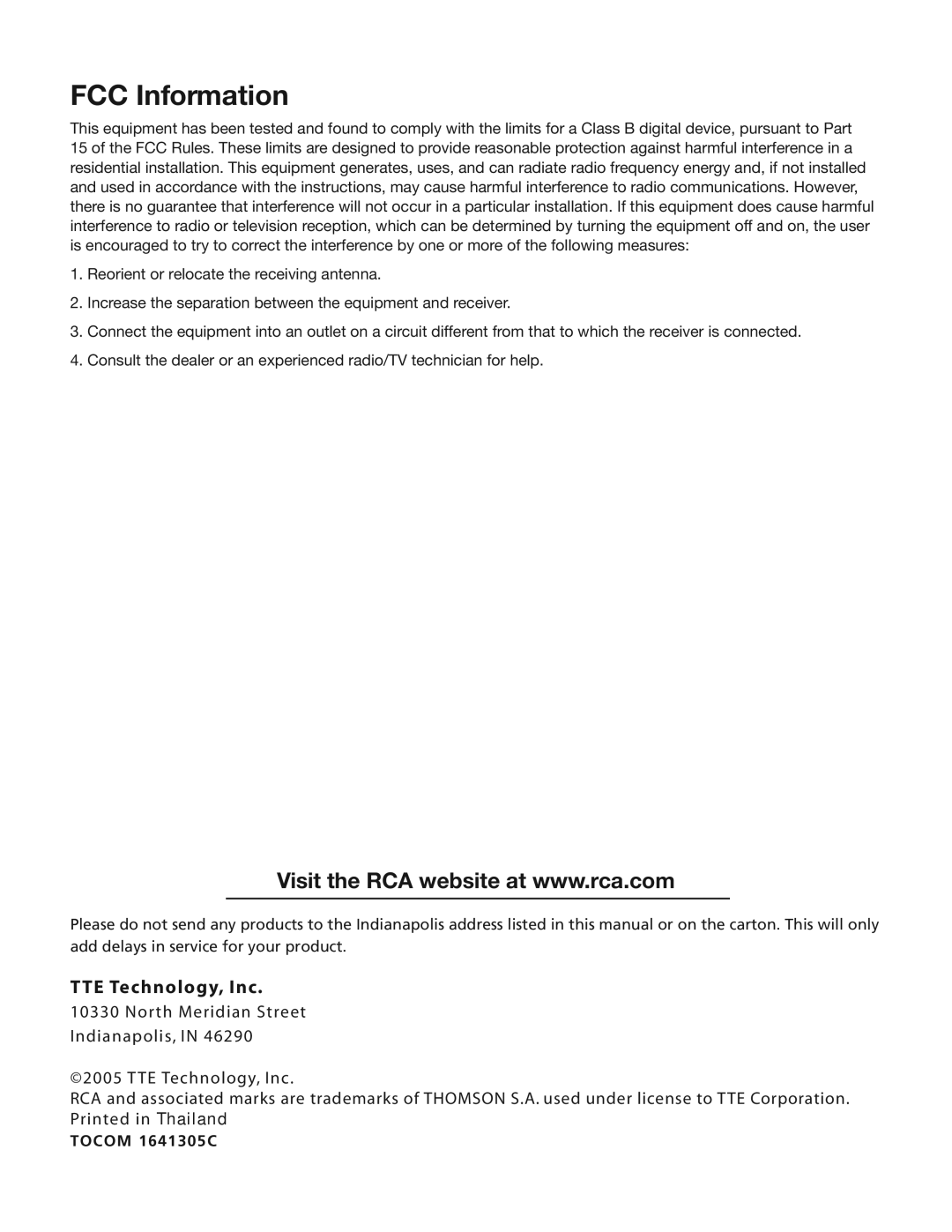 RCA 24V412T manual FCC Information, Tocom 1641305C 