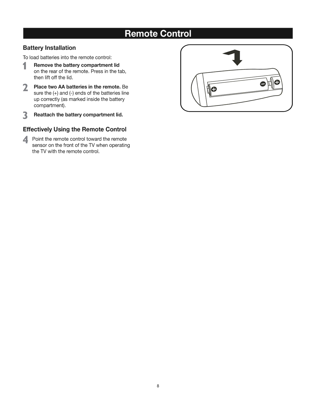 RCA 24V412T manual Remote Control, Battery Installation 