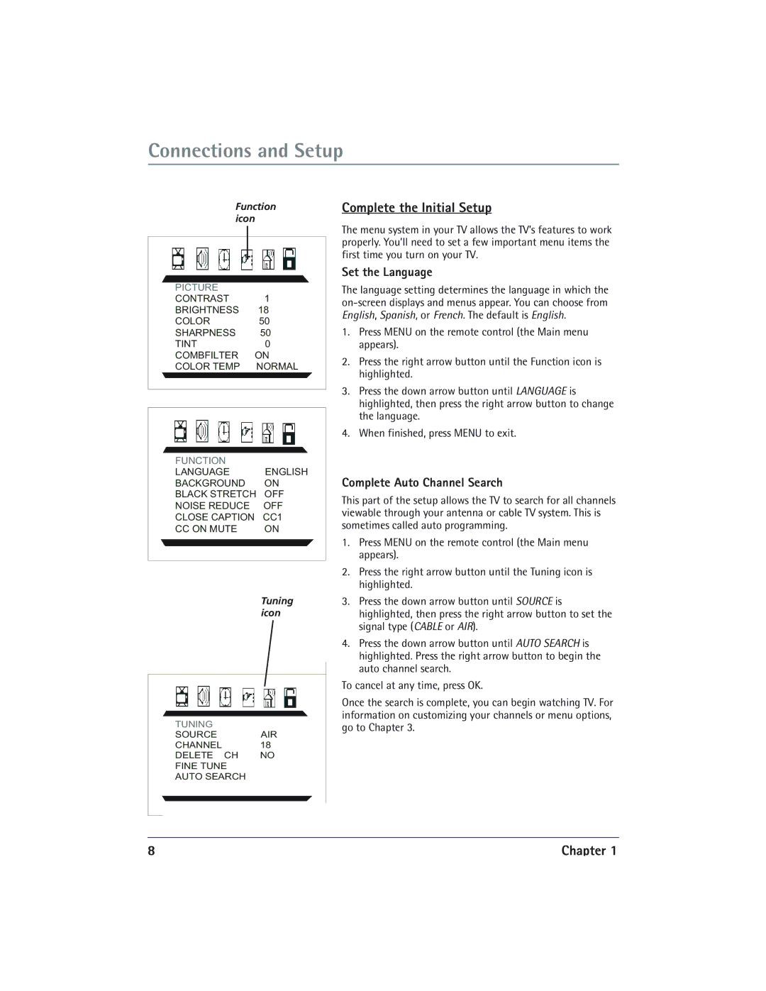 RCA 24V510T manual Complete the Initial Setup, Set the Language, Complete Auto Channel Search 