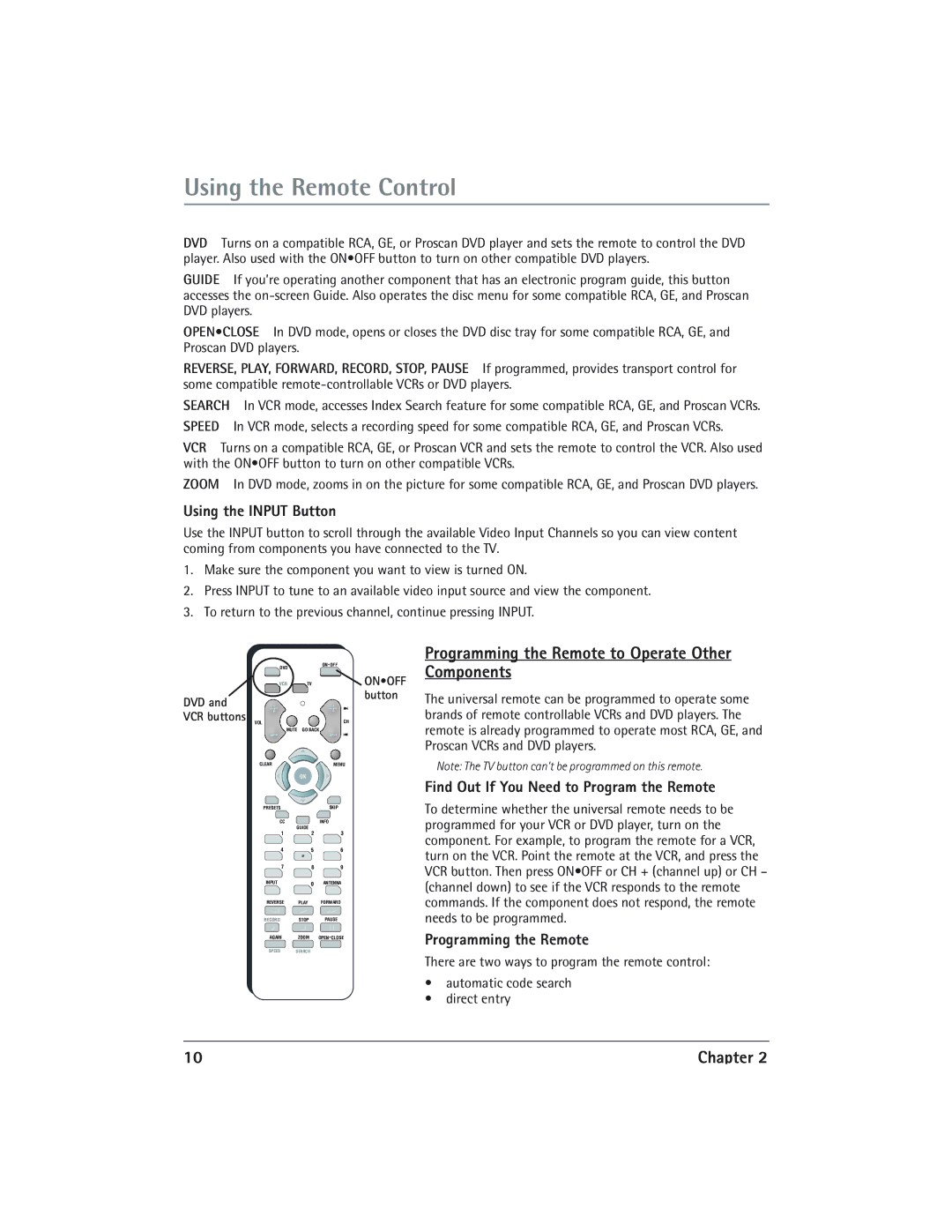 RCA 24V510T manual Using the Remote Control, Programming the Remote to Operate Other Components, Using the Input Button 