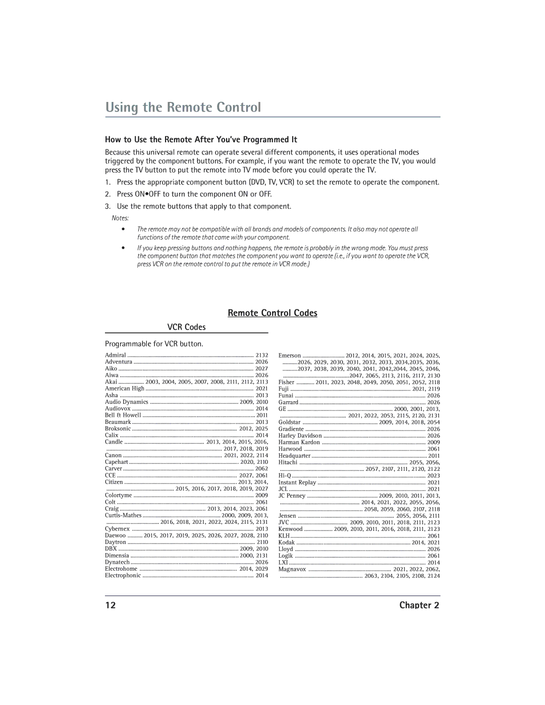 RCA 24V510T manual Remote Control Codes, How to Use the Remote After You’ve Programmed It, VCR Codes 