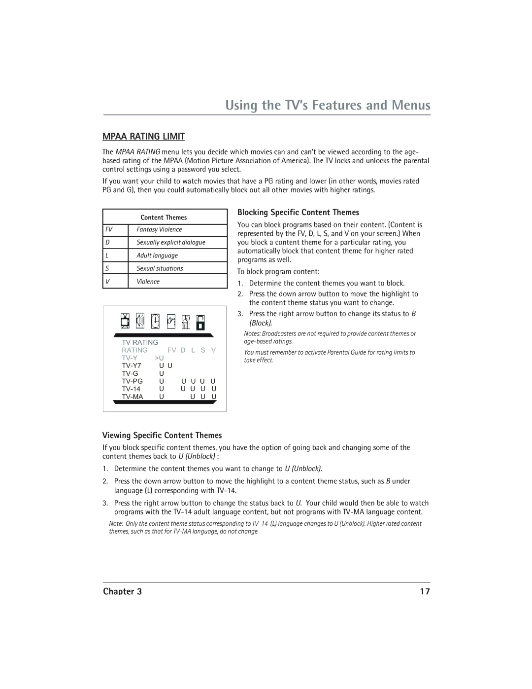 RCA 24V510T manual Blocking Specific Content Themes, Viewing Specific Content Themes 