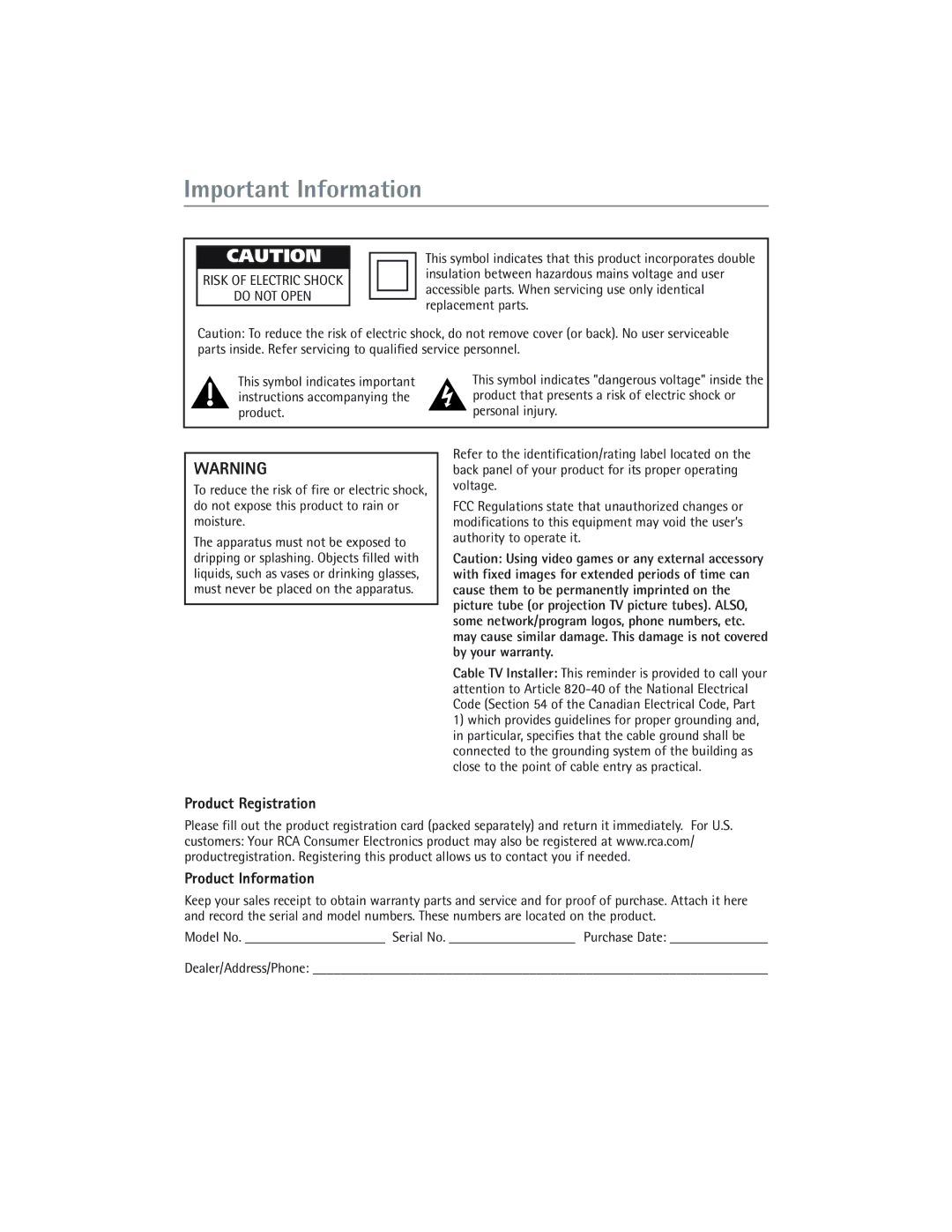 RCA 24V510T manual Important Information, Product Registration, Product Information 