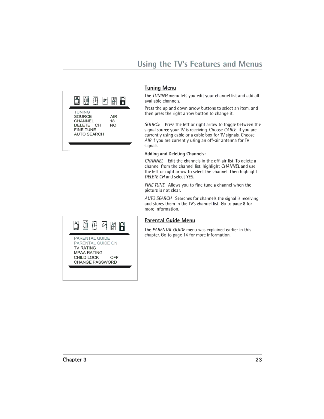 RCA 24V510T manual Tuning Menu, Parental Guide Menu, Adding and Deleting Channels 