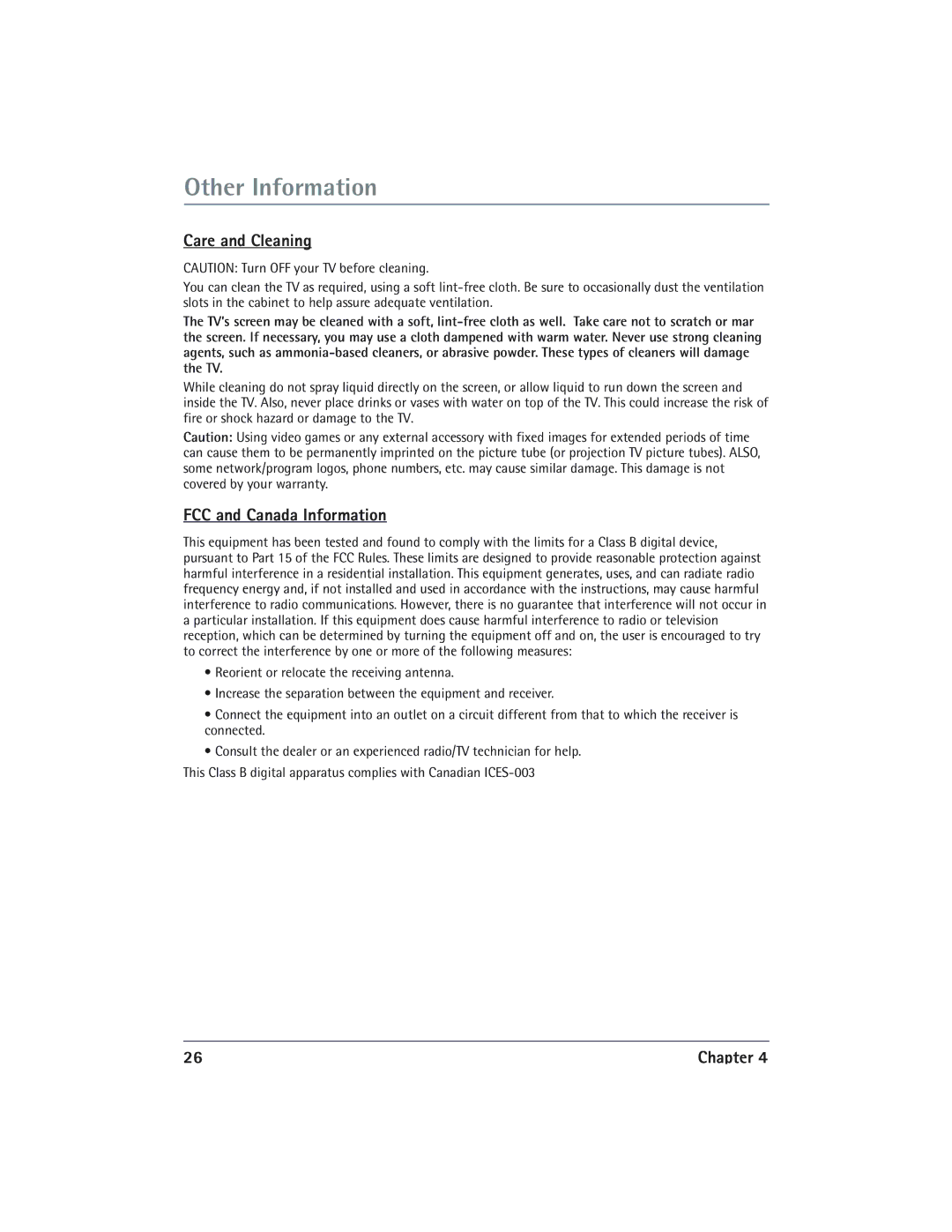 RCA 24V510T manual Care and Cleaning, FCC and Canada Information 