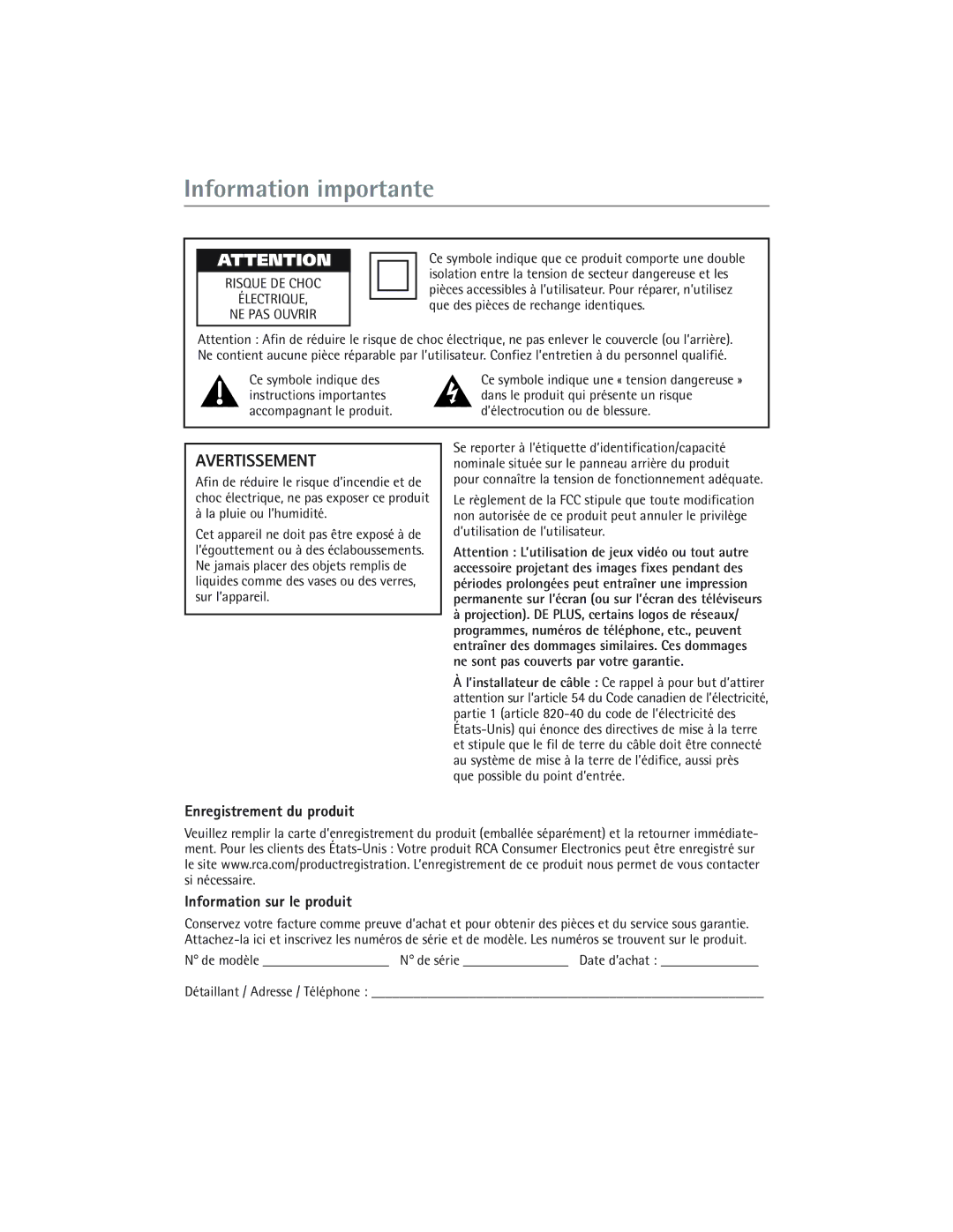 RCA 24V510T manual Information importante, Enregistrement du produit, Information sur le produit 