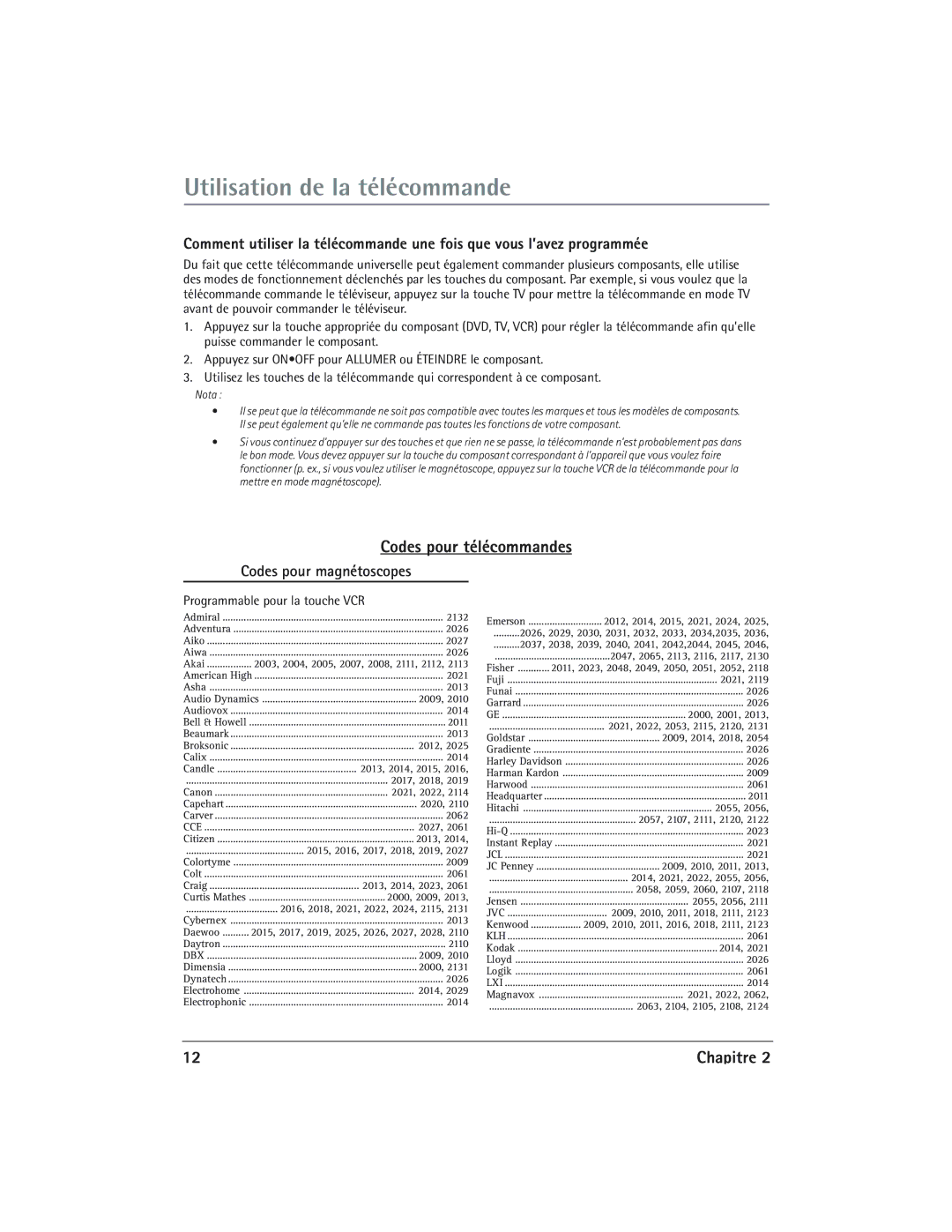 RCA 24V510T manual Codes pour télécommandes, Codes pour magnŽtoscopes 