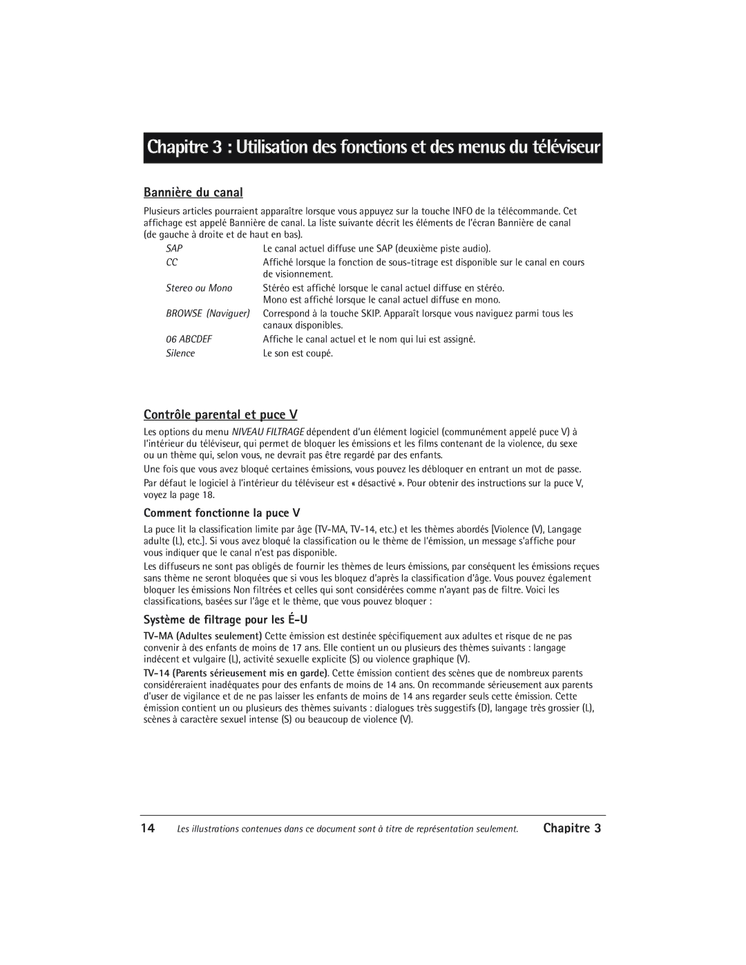 RCA 24V510T Bannière du canal, Contrôle parental et puce, Comment fonctionne la puce, Système de filtrage pour les É-U 