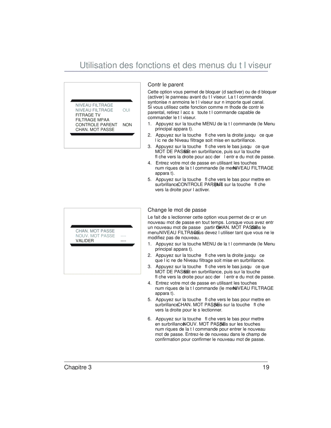 RCA 24V510T manual Contrôle parent, Change le mot de passe 