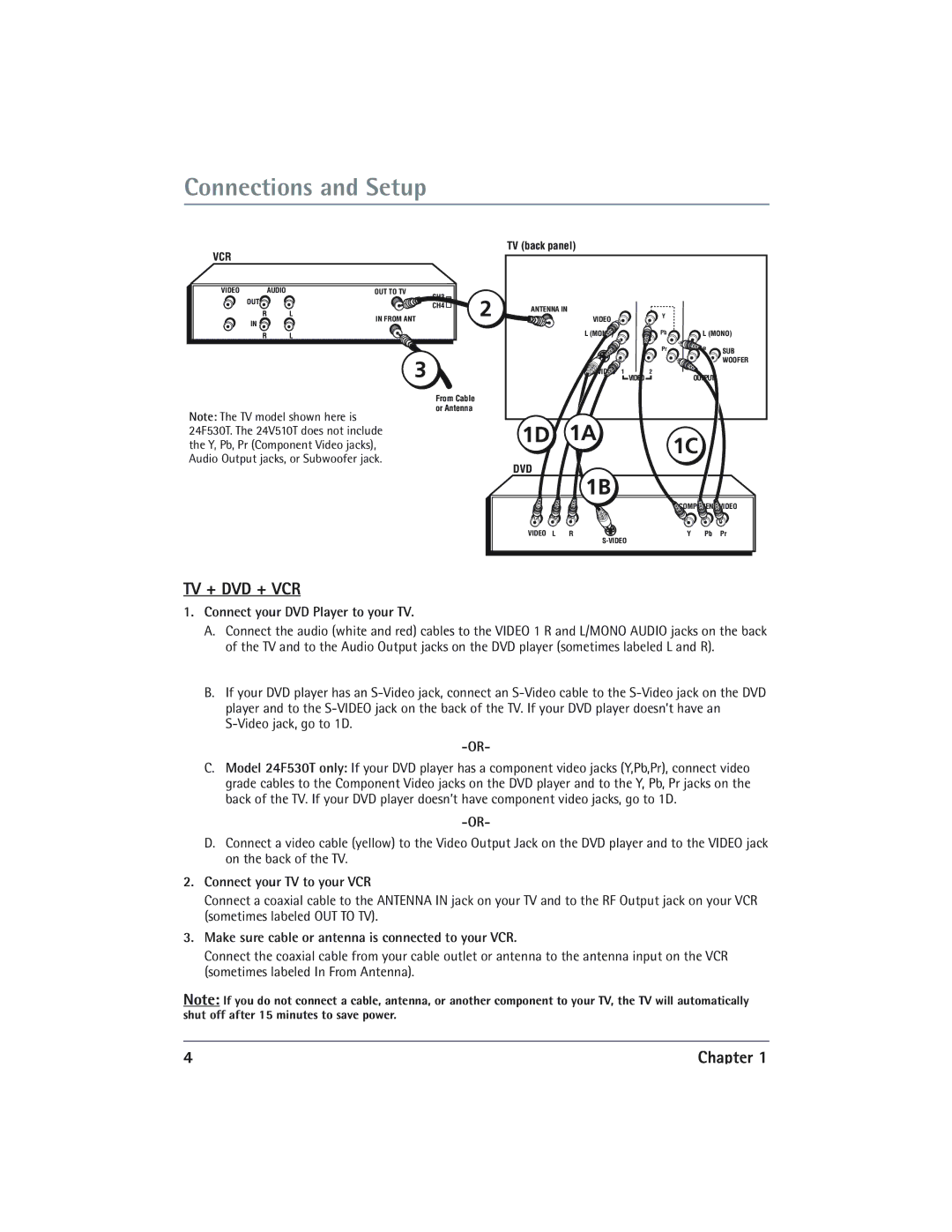 RCA 24V510T manual Connections and Setup, Connect your DVD Player to your TV, Connect your TV to your VCR, Chapter 