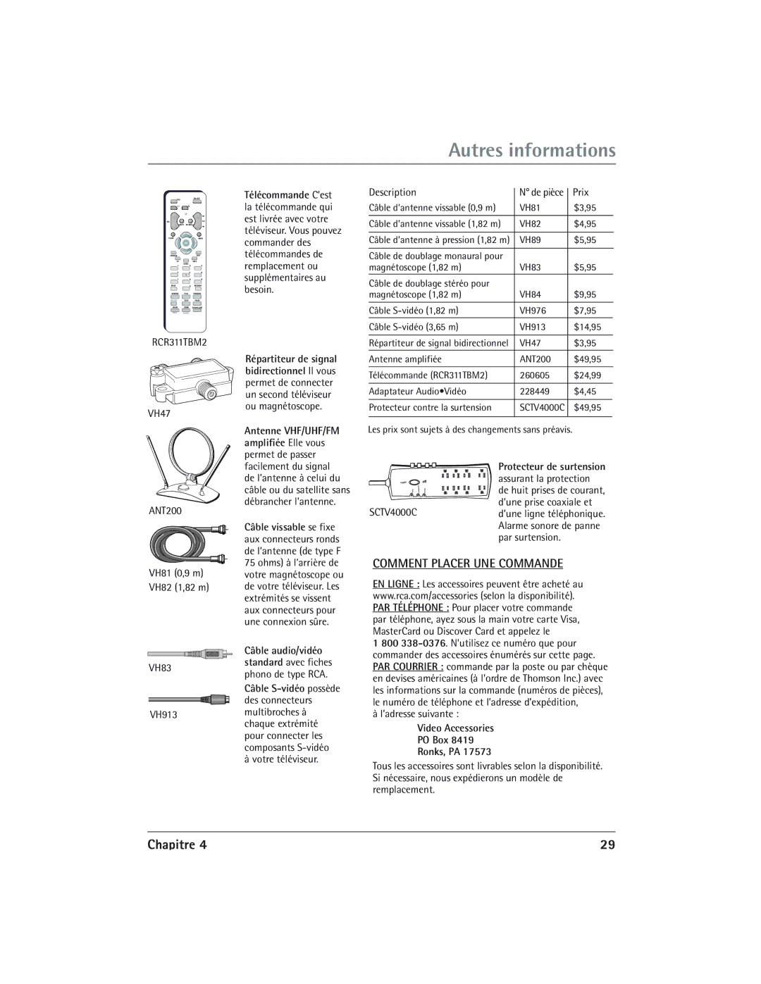 RCA 24V510T manual Télécommande CÕest, Video Accessories PO Box Ronks, PA 